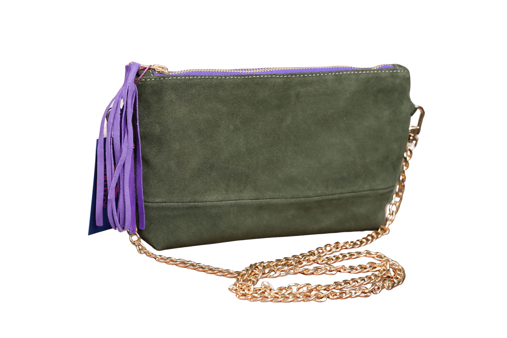 Greta & PAUL Wildleder-Clutch 'Stella Deluxe' in Khaki mit fliederfarbenem Innenfutter, Ledertassel und goldfarbener Schulterriemen-Kette