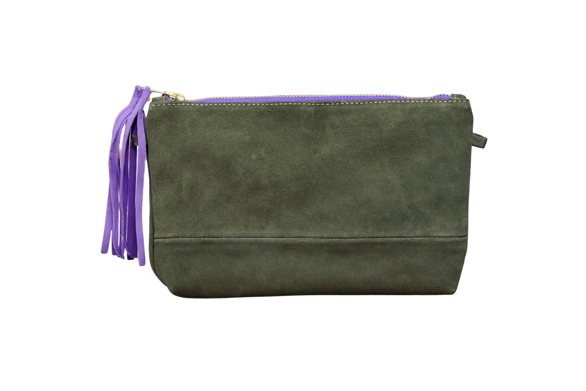Greta & PAUL Wildleder-Clutch 'Stella Deluxe' in Khaki mit fliederfarbenem Innenfutter und dekorativer Ledertassel