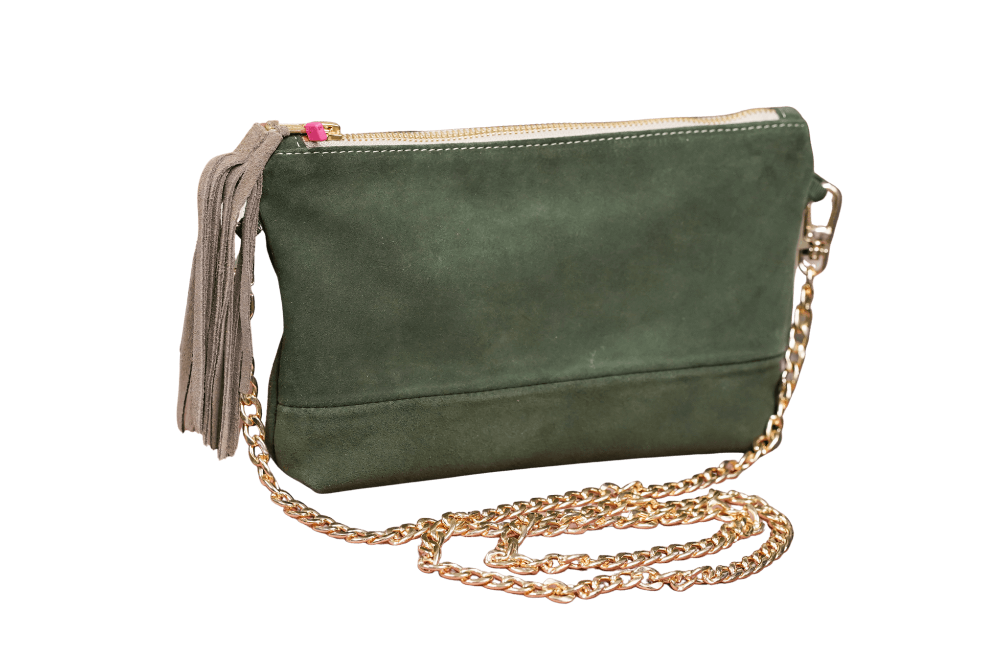 Greta & PAUL Wildleder-Clutch 'Stella Deluxe' in Khaki mit gold-beigefarbenem Innenfutter und goldfarbener Schulterriemen-Kette
