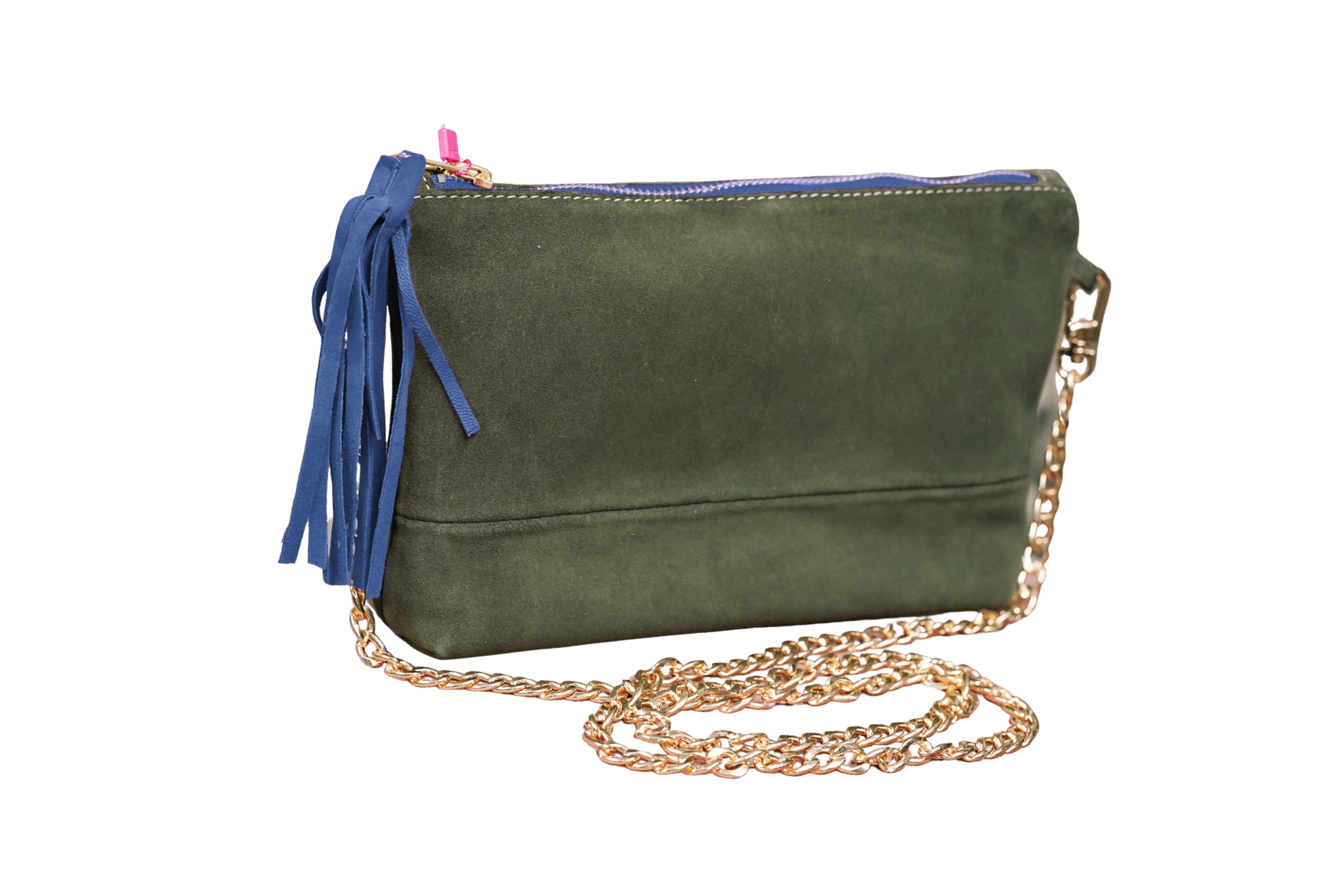 Greta & PAUL Wildleder-Clutch 'Stella Deluxe' in Khaki mit königsblauem Innenfutter, Ledertassel und goldfarbener Schulterriemen-Kette