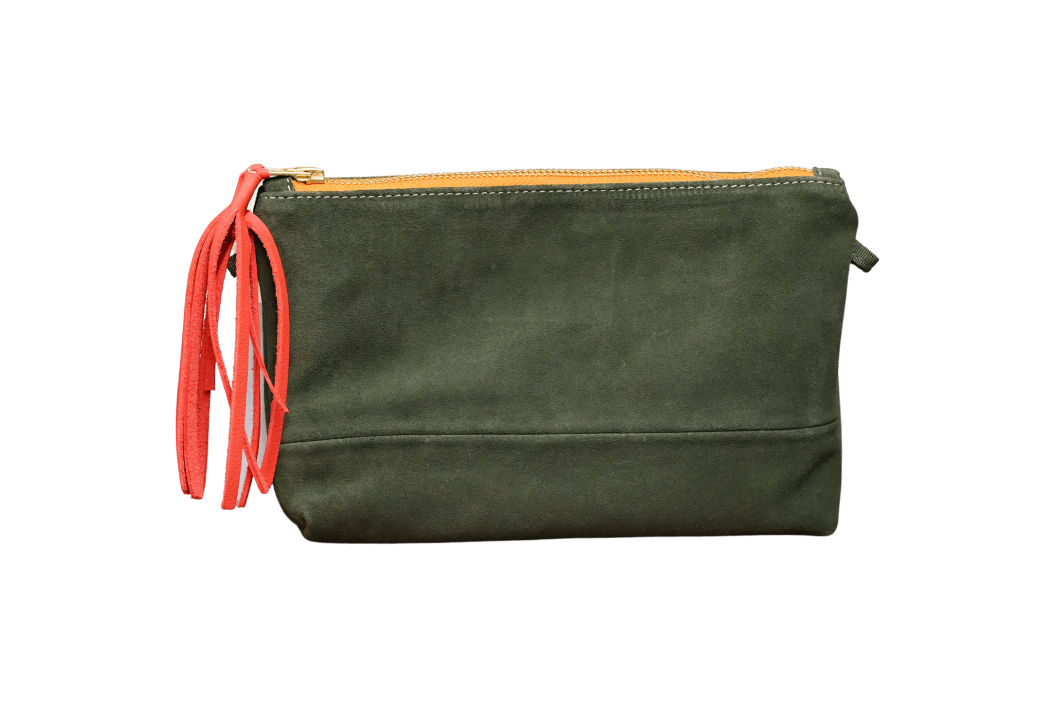 Greta & PAUL Wildleder-Clutch 'Stella Deluxe' in Khaki mit orangefarbenem Innenfutter und dekorativer Ledertassel