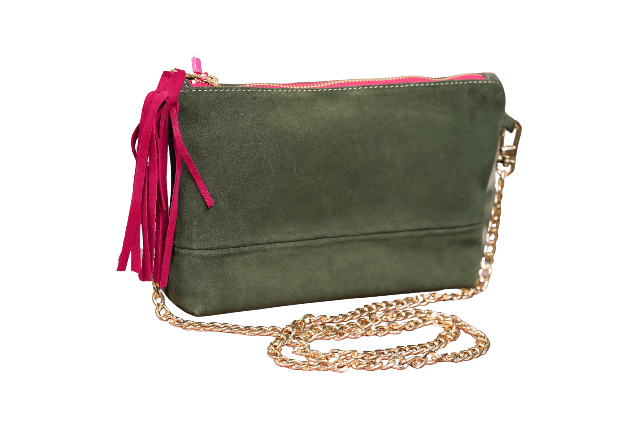 Greta & PAUL Wildleder-Clutch 'Stella Deluxe' in Khaki mit pinkem Innenfutter, Ledertassel und goldfarbener Schulterriemen-Kette