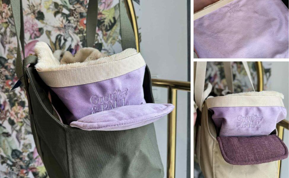 Bildcollage der Hundetragetasche 'Flausch-Säckchen' in der Farbe Flieder-Hellbeige. Zeigt das weiche Futter und die Logo-Stickerei.