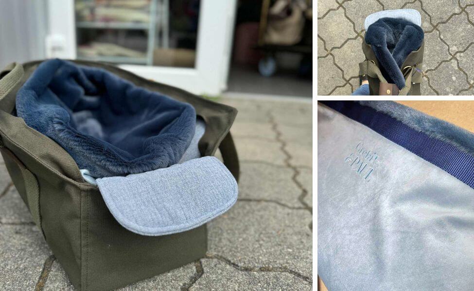 Bildcollage der Hundetragetasche 'Flausch-Säckchen' in der Farbe Hellblau-Dunkelblau. Zeigt das weiche Innenfutter und die Logo-Stickerei.