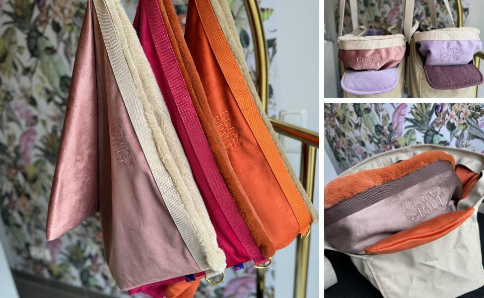 Gretas Flausch-Wende-Säckchen 3 in 1 in acht neuen Farben. Die Bild-Collage zeigt Details der handgemachten Wende-Säckchen, inklusive der hochwertigen Logo-Stickerei und des weichen Teddy-Plüsch-Innenfutters in verschiedenen Farbkombinationen.