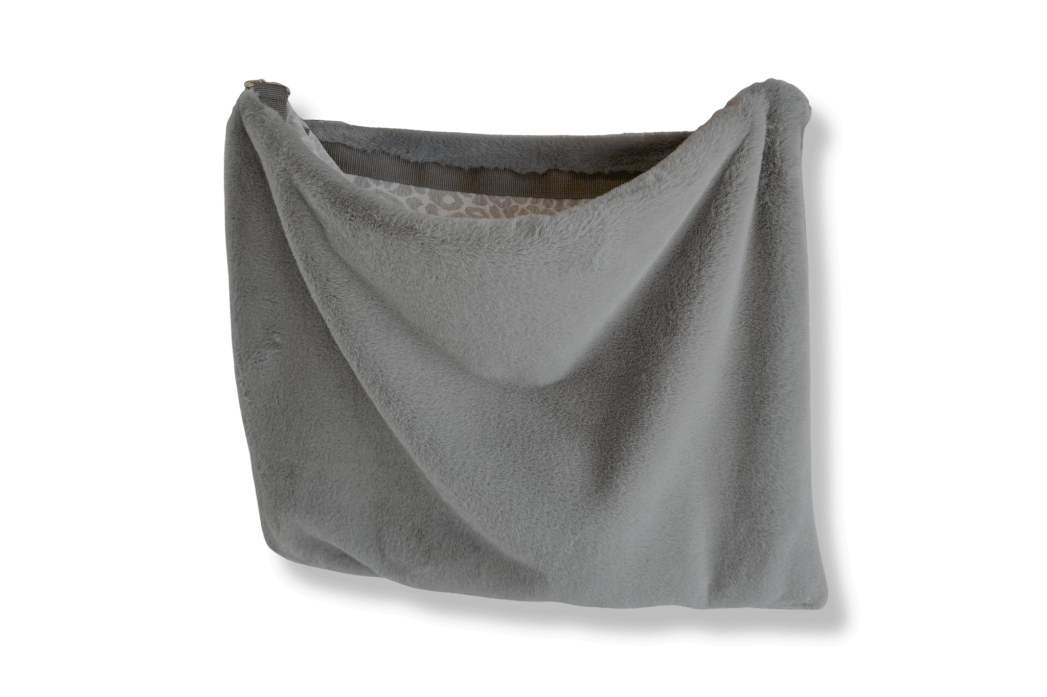 Gewendetes Greta & PAUL 3-in-1 Säckchen Wild-Leo Stone: Grauer Flausch mit Logostickerei.