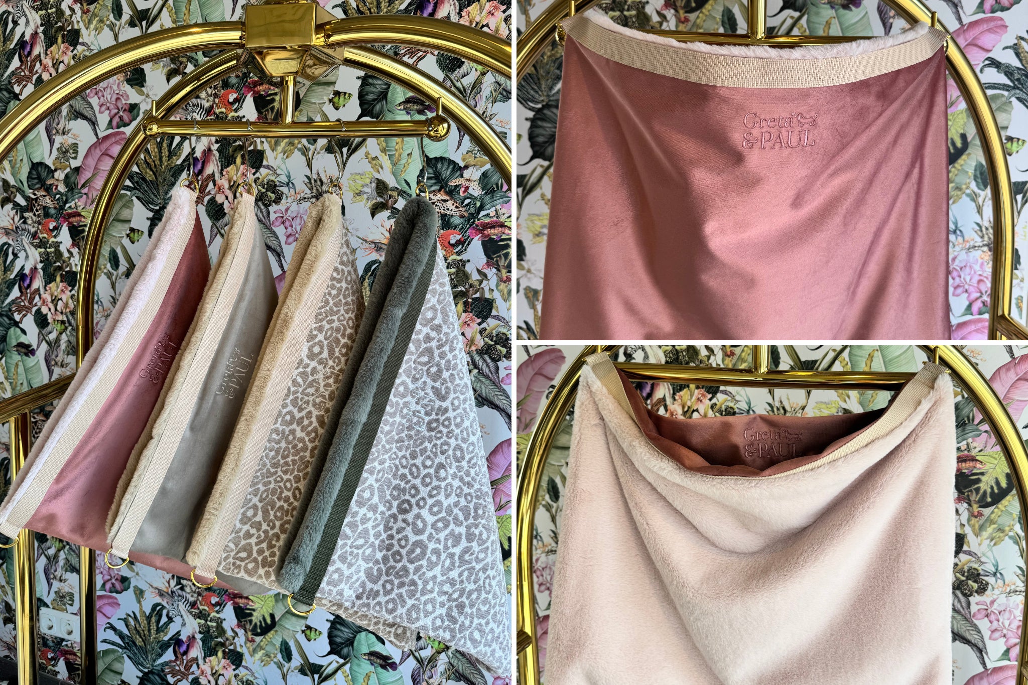 Greta & PAUL 3-in-1 Flausch-Wendesäckchen der Frühjahrs-Edition: Übersicht der 4 Varianten mit Fokus auf Rosé-Samt.