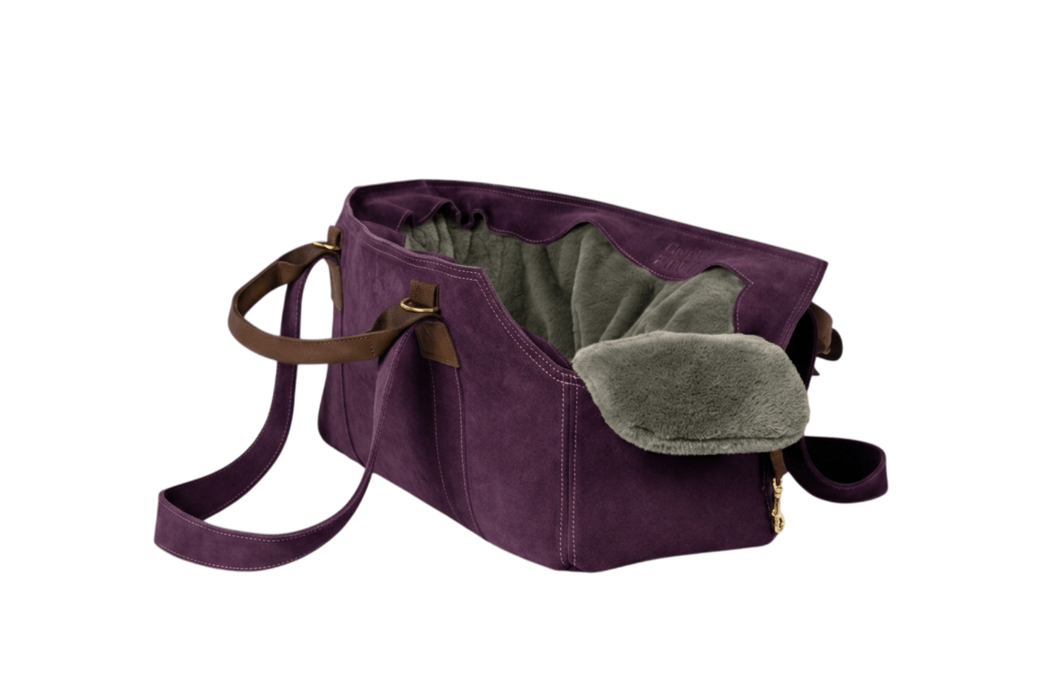 Gretas Luxus Wildleder-Hundetasche in Lila mit Grau-Grün-Silber-Flausch-Inlay