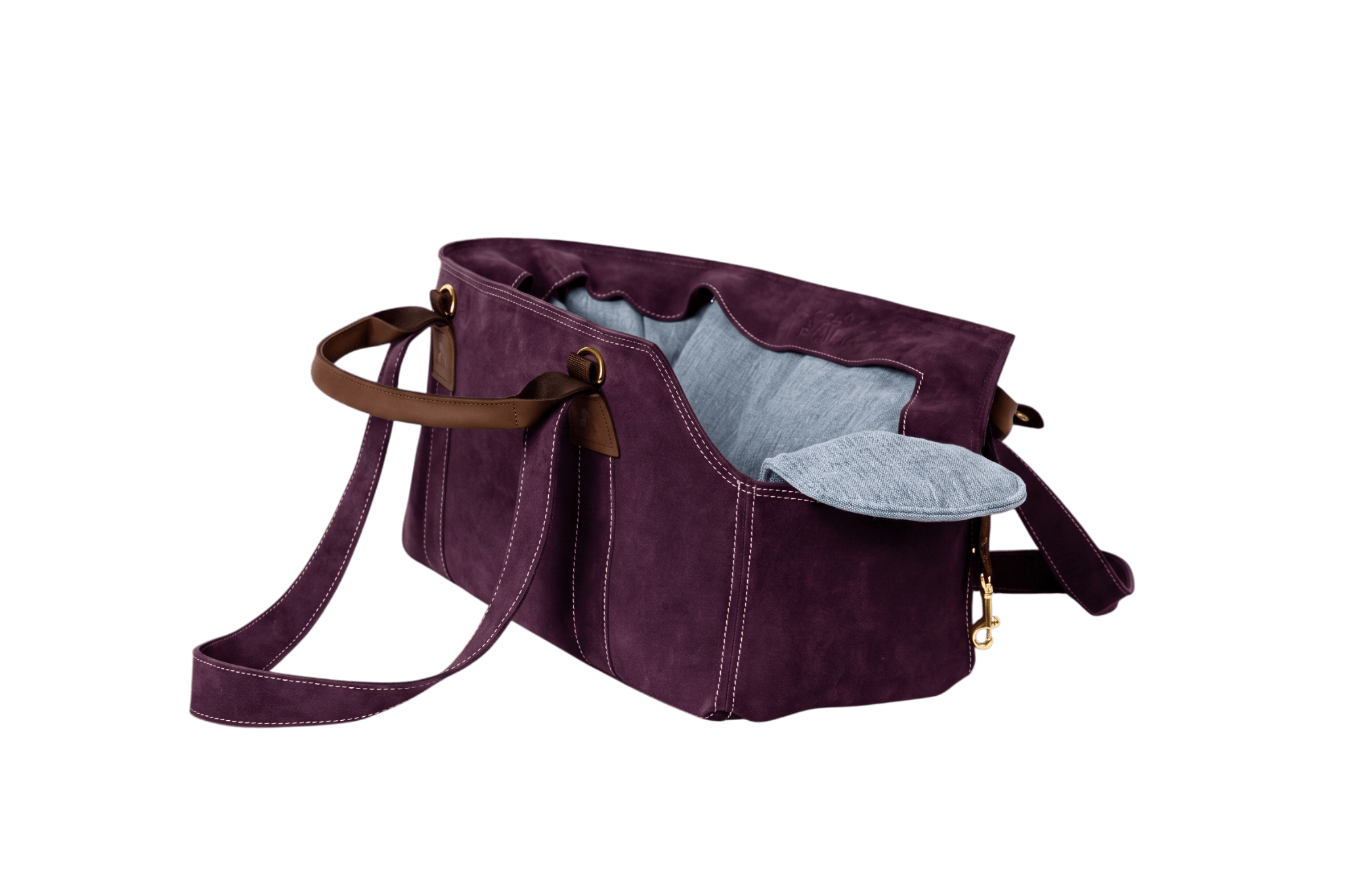 Gretas Luxus Wildleder-Hundetasche in Lila mit Hellblau-Leinen-Inlay