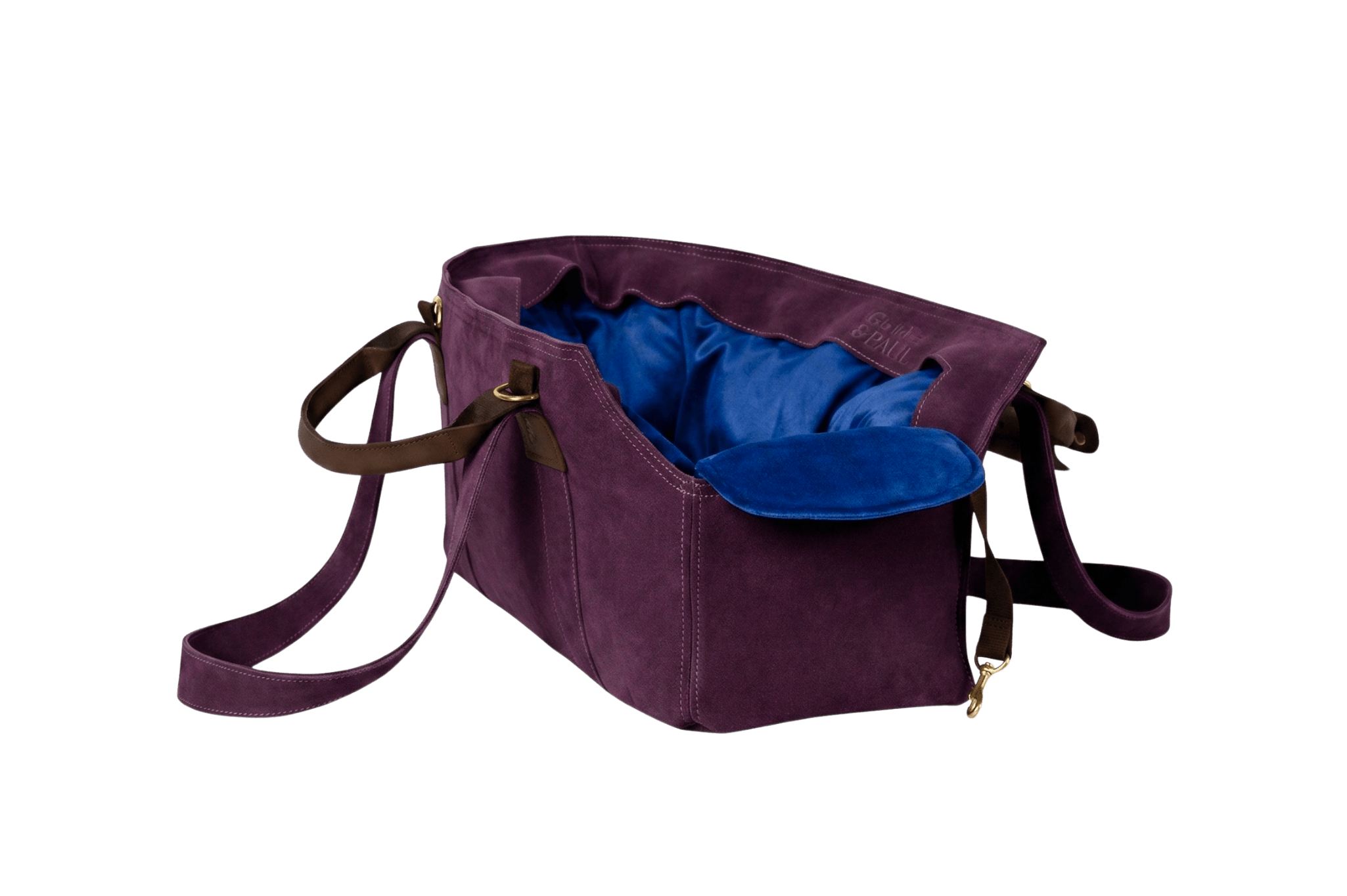 Gretas Luxus Wildleder-Hundetasche in Lila mit königsblauem Samt-Inlay