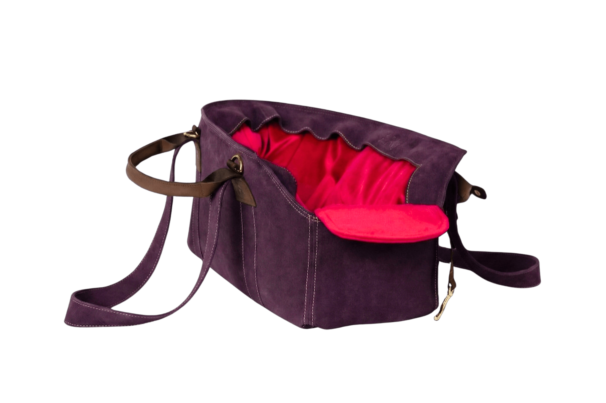 Gretas Luxus Wildleder-Hundetasche in Lila mit pinkfarbenem Samt-Inlay