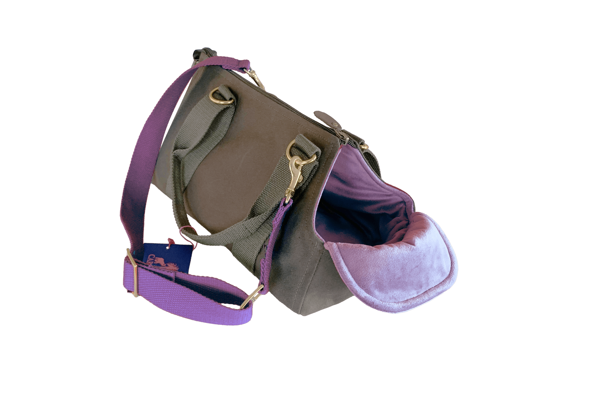 Handgefertigtes Greta's Mini-Me-Täschchen in Khaki mit fliederfarbenem Innenfutter und passendem Schulterriemen.