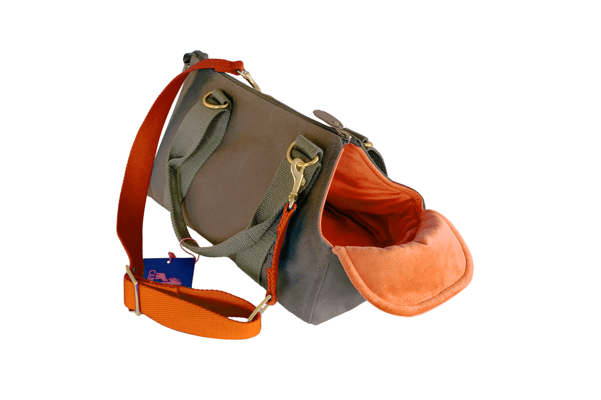 Greta's Mini-Me-Täschchen in Khaki mit orangefarbenem Innenfutter und passendem Schulterriemen. 