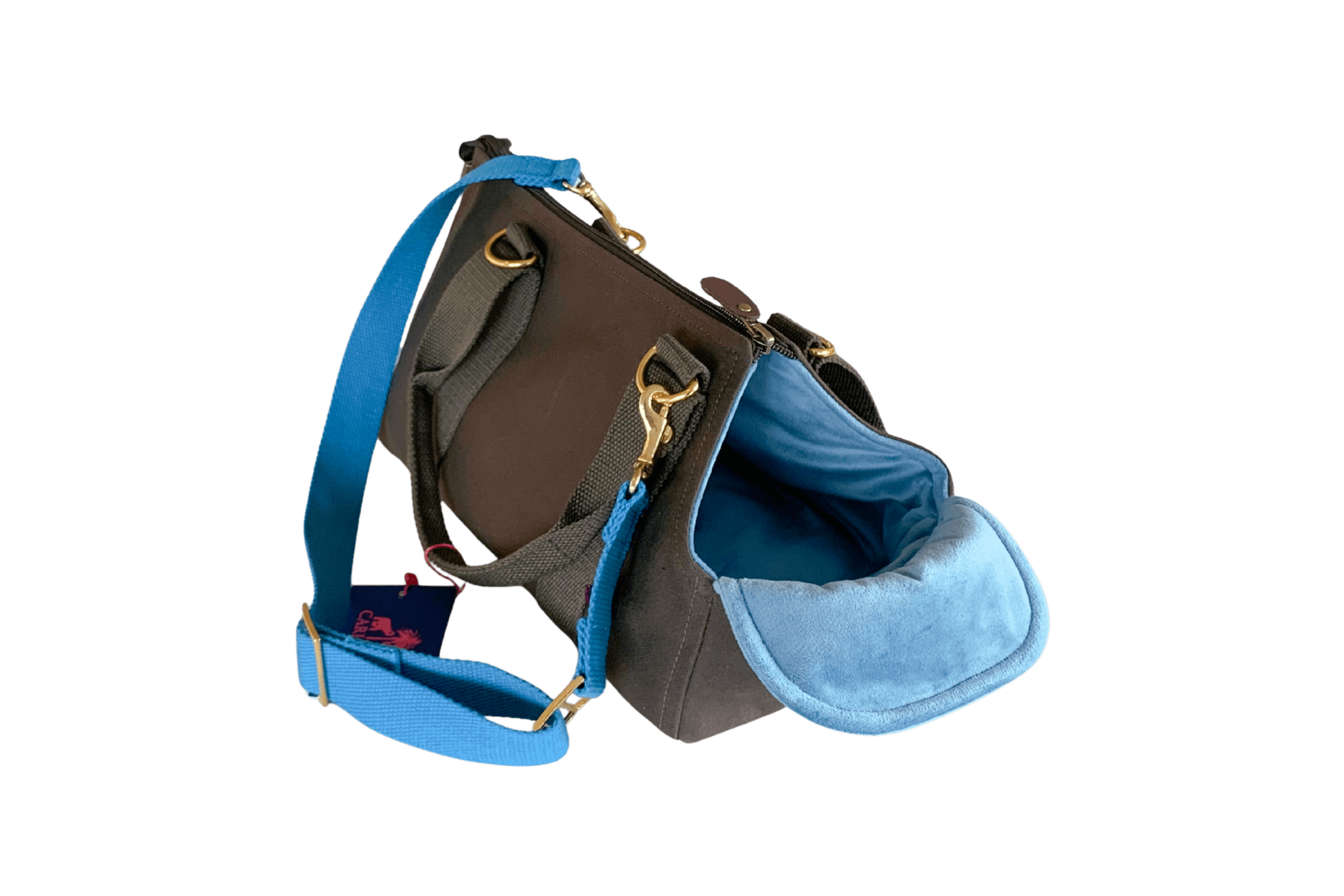 Handgefertigtes Greta's Mini-Me-Täschchen in Khaki mit pastellblauem Innenfutter und passendem Schulterriemen.