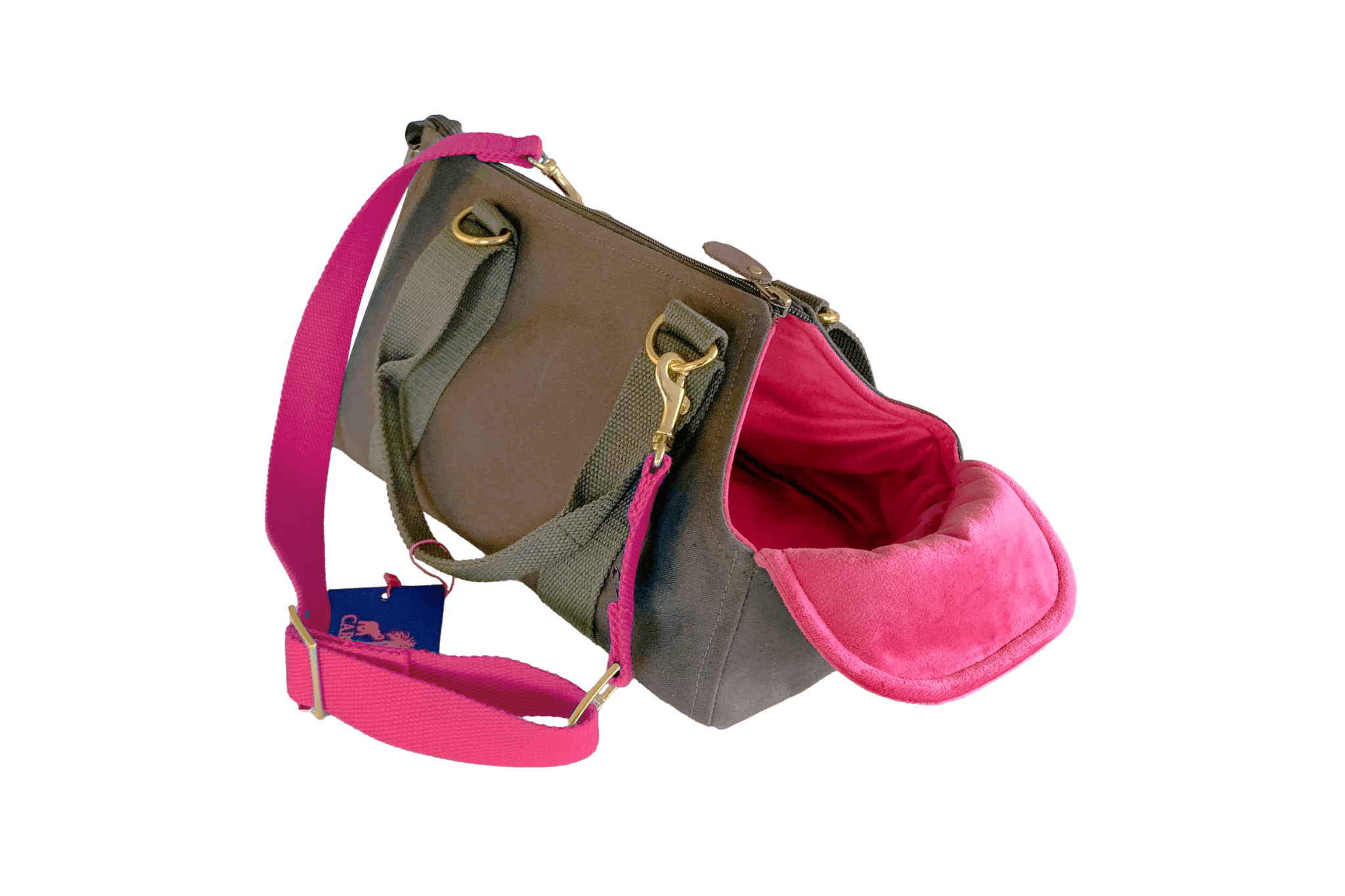 Greta's Mini-Me-Täschchen in Khaki mit leuchtend pinkem Innenfutter und passendem Schulterriemen. 
