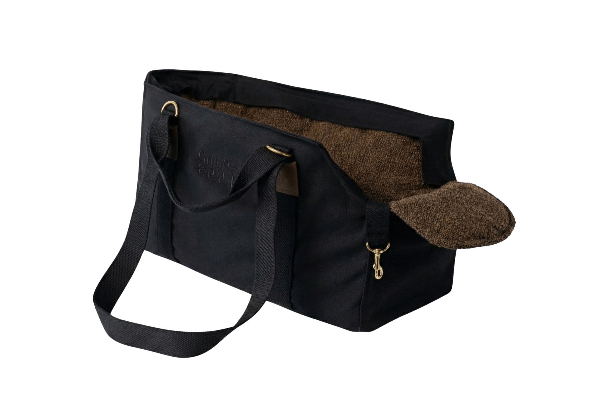 Gretas Premium Hundetasche „All Black“ mit braunem Boucle-Inlay