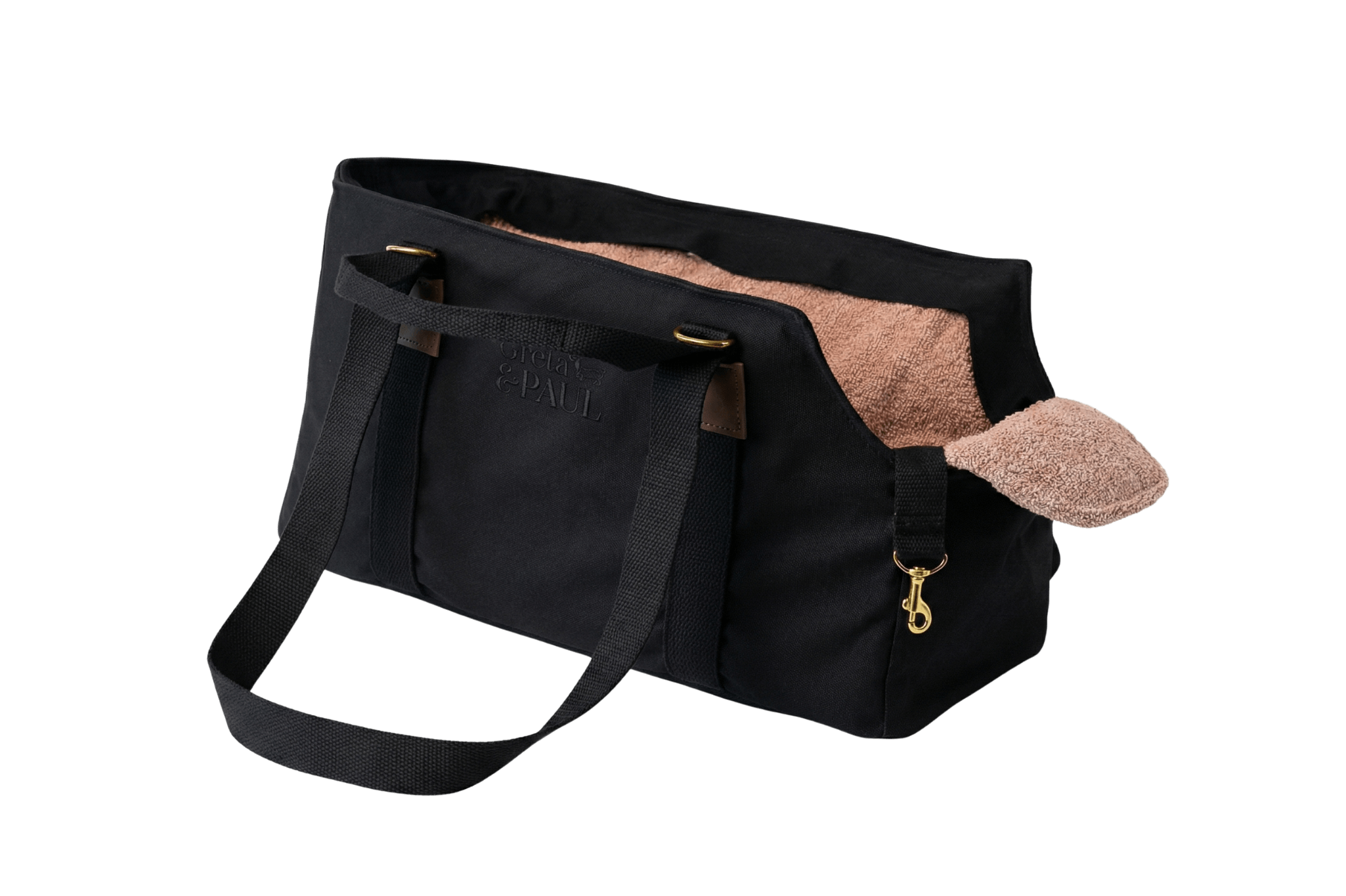 Gretas Premium Hundetasche „All Black“ mit rosafarbenem Boucle-Inlay