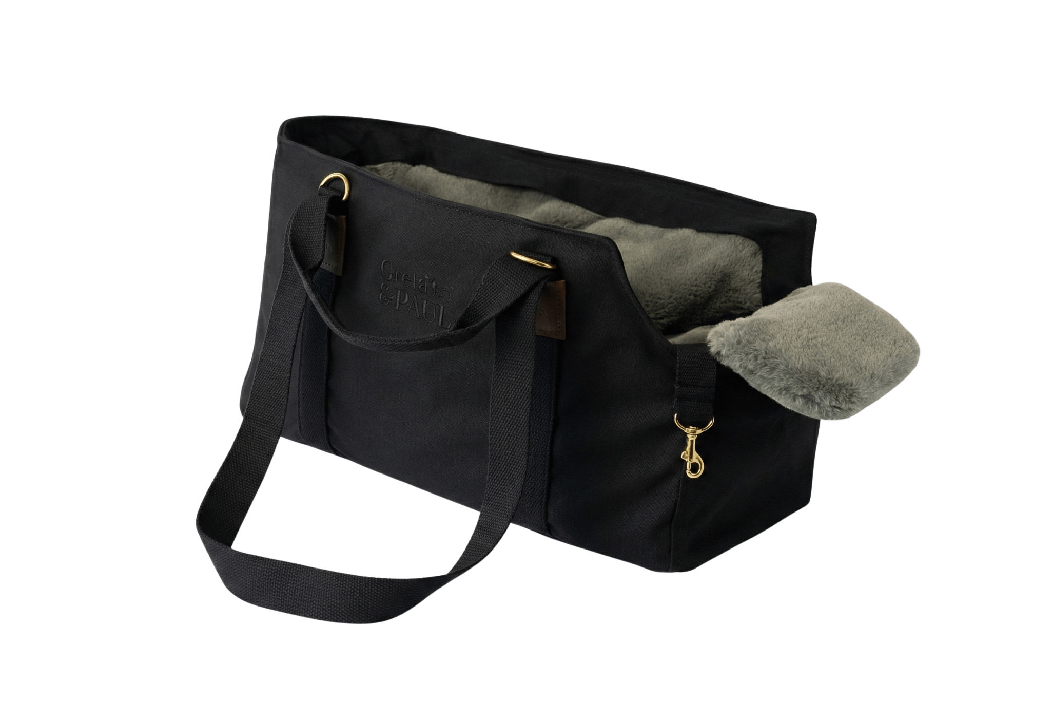 Gretas Premium Hundetasche „All Black“ mit Grau-Grün-Silber Flausch-Inlay