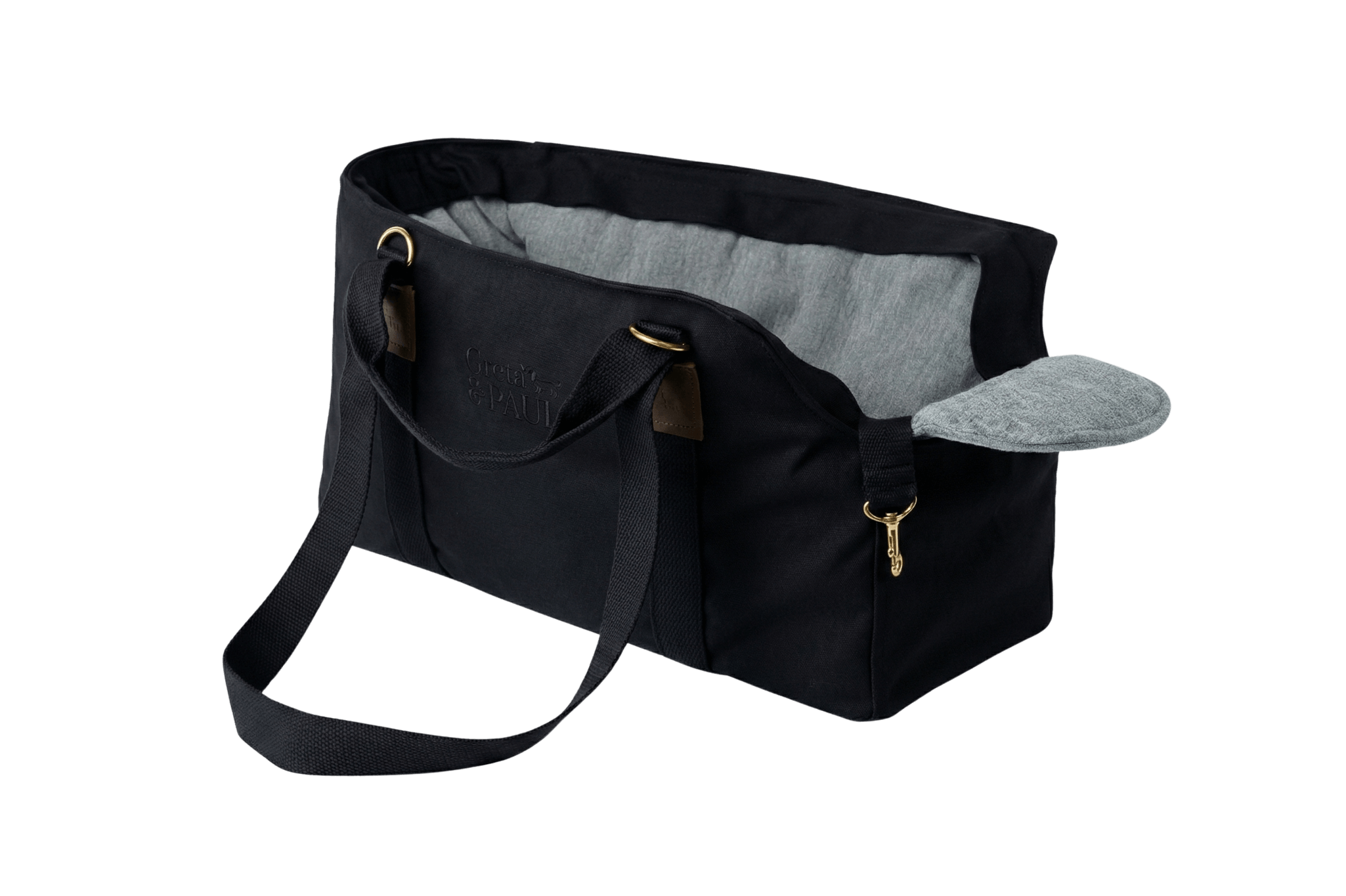 Gretas Premium Hundetasche „All Black“ mit hellblauem Leinen-Inlay