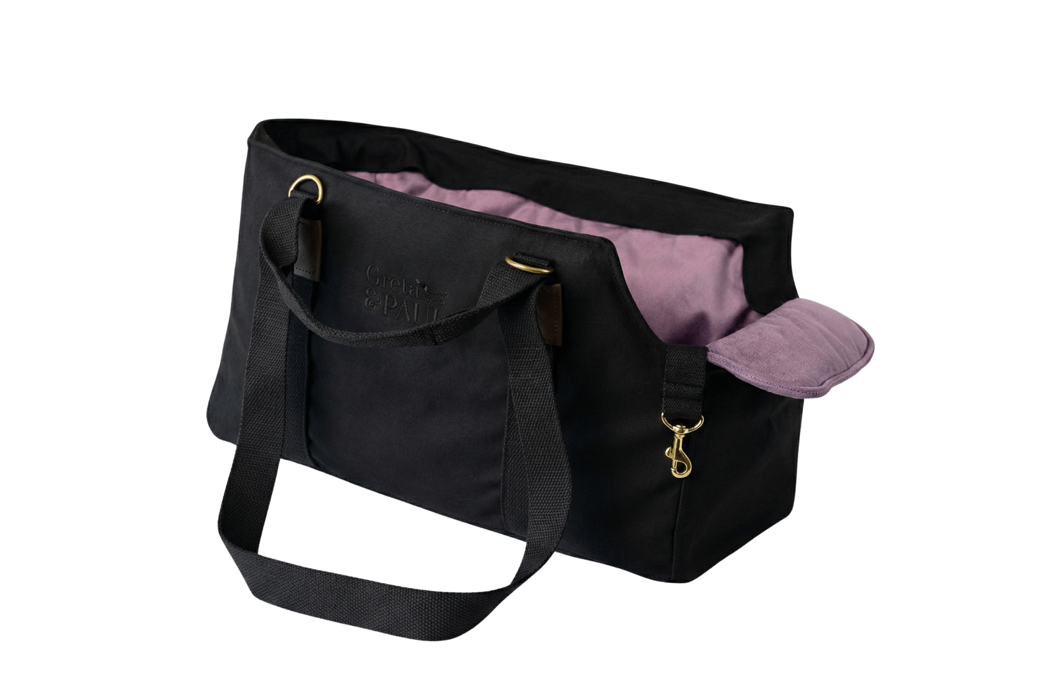 Gretas Premium Hundetasche „All Black“ mit fliederfarbenem Samt-Inlay 