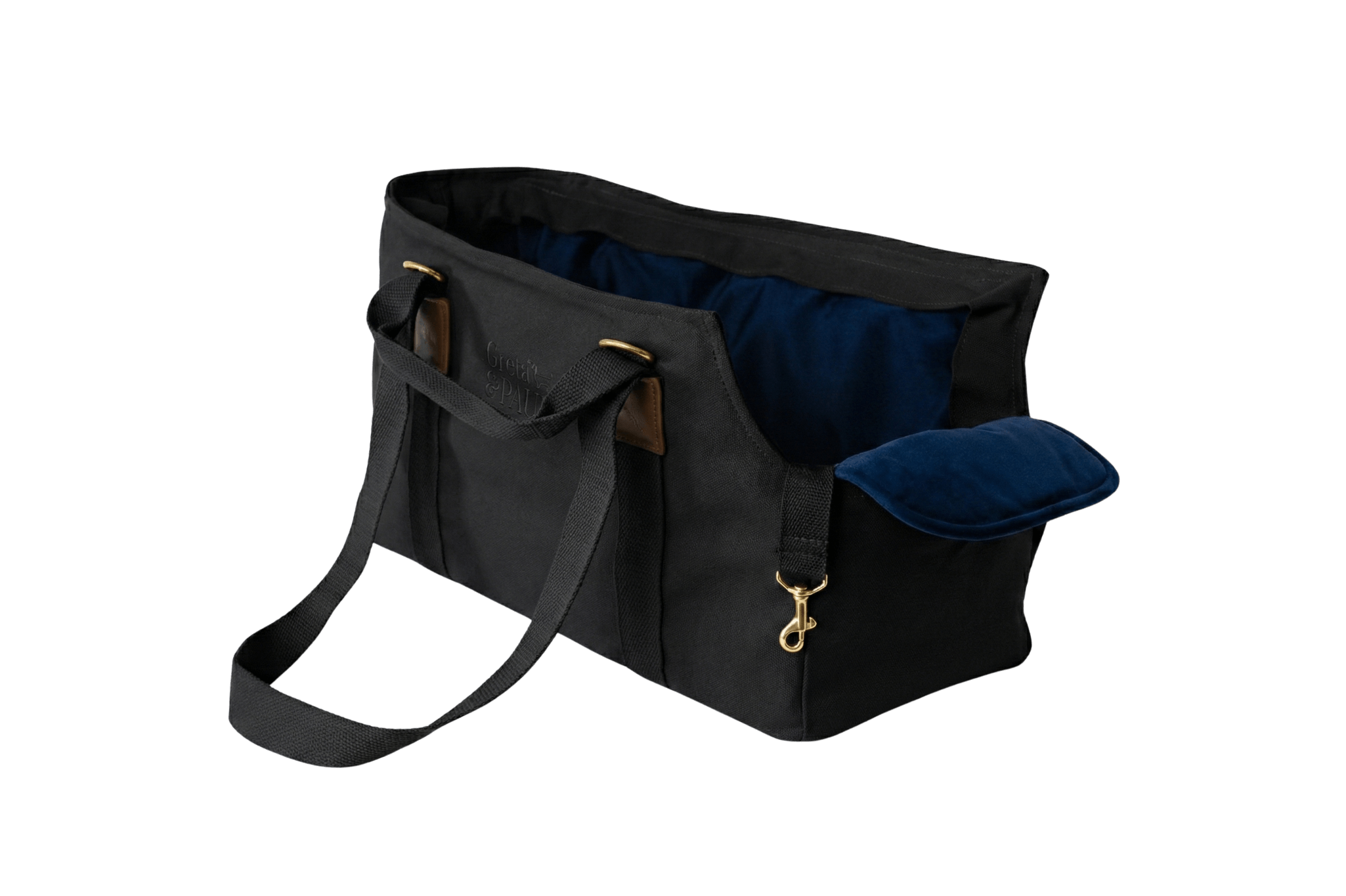 Gretas Premium Hundetasche „All Black“ mit königsblauem Samt-Inlay 
