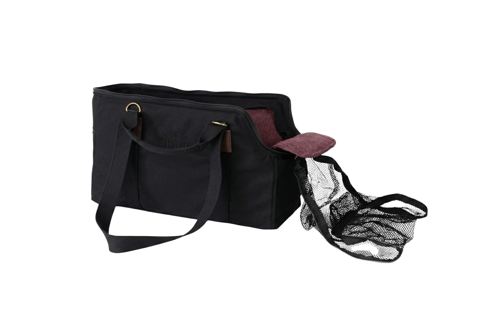Gretas Premium Reise-Hundetasche „All Black“ mit lilafarbenem Leinen-Inlay