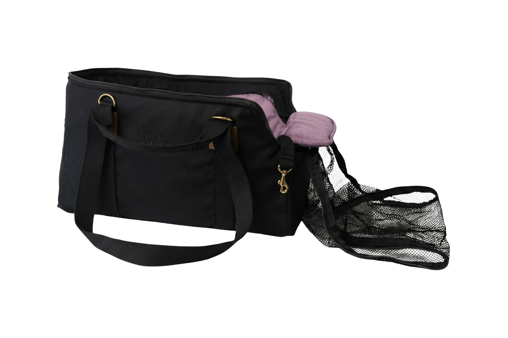 Gretas Premium Reise-Hundetasche „All Black“ mit fliederfarbenem Samt-Inlay