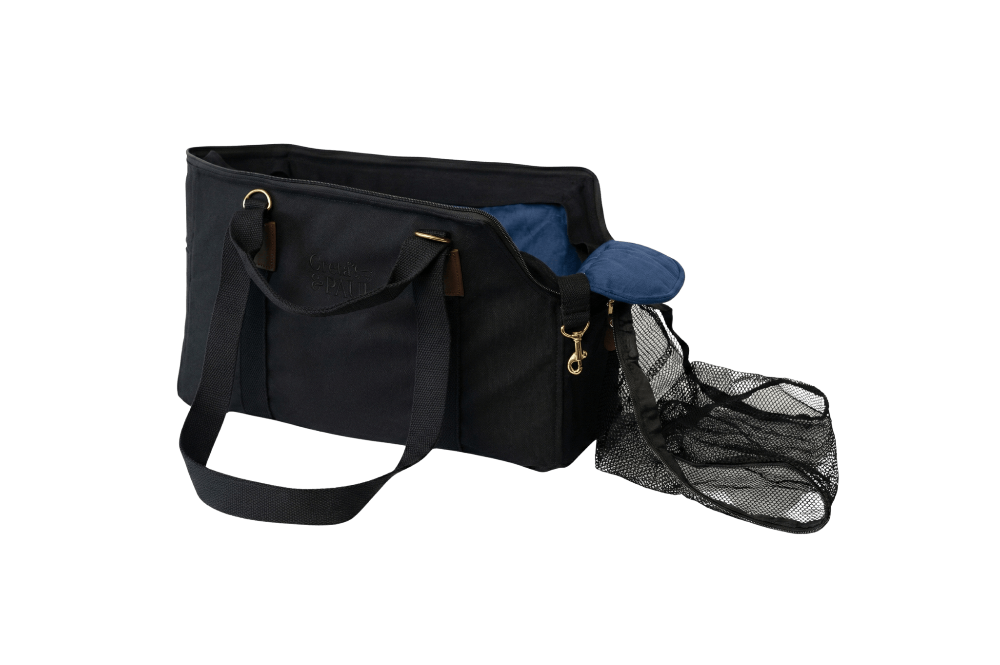 Gretas Premium Reise-Hundetasche „All Black“ mit königsblauem Samt-Inlay