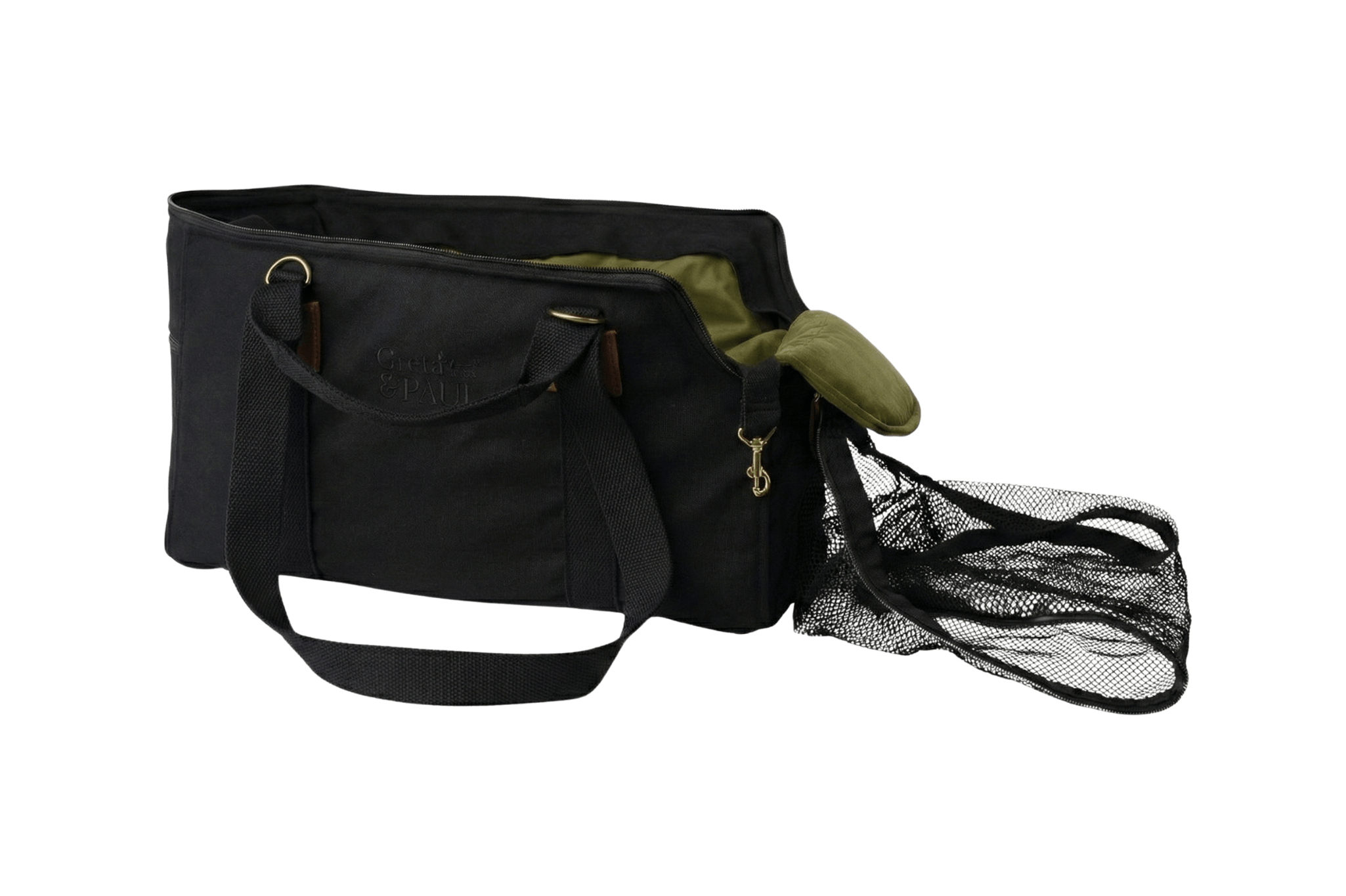 Gretas Premium Reise-Hundetasche „All Black“ mit olivgrünem Samt-Inlay