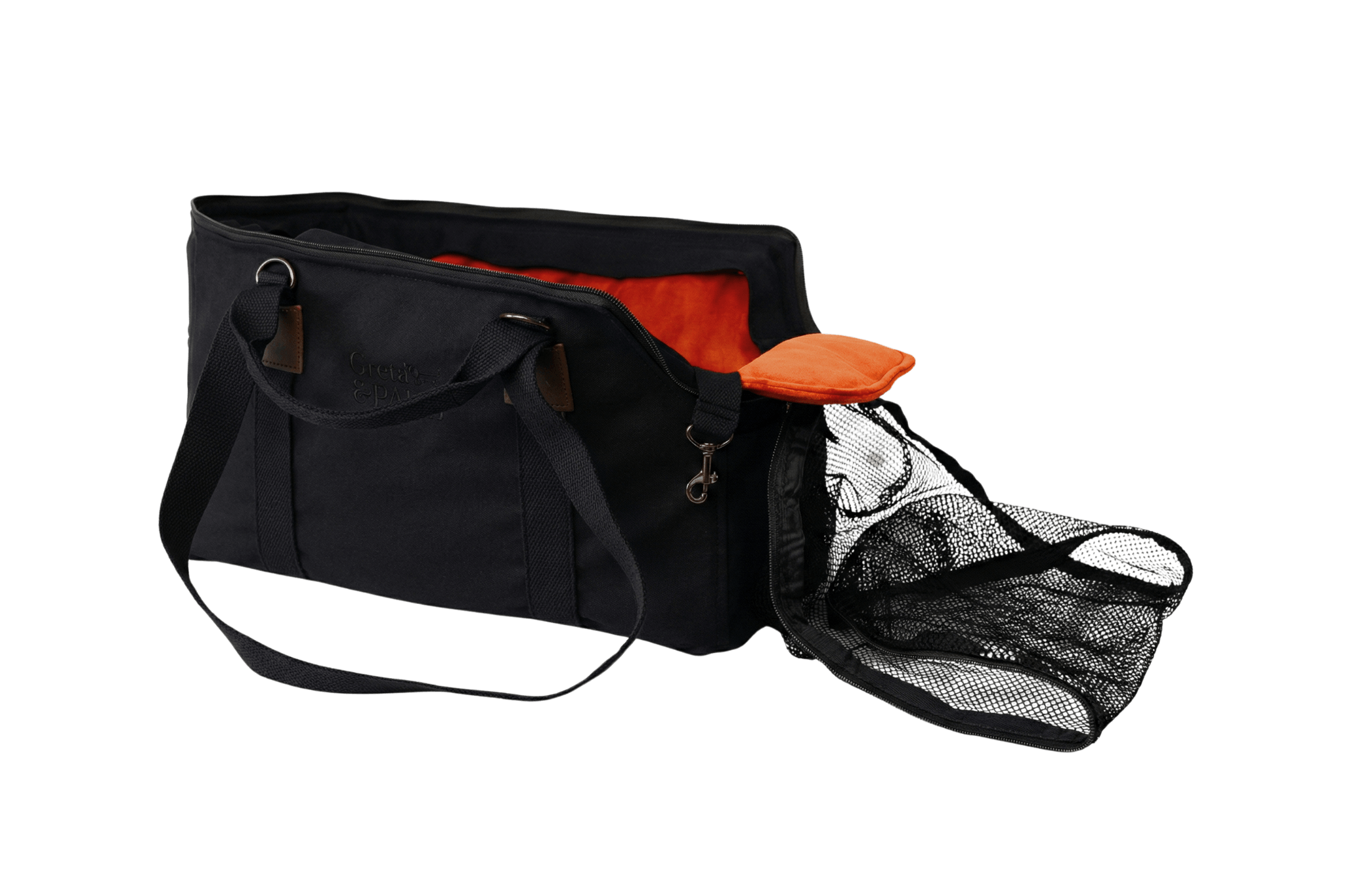 Gretas Premium Reise-Hundetasche „All Black“ mit orangefarbenem Samt-Inlay
