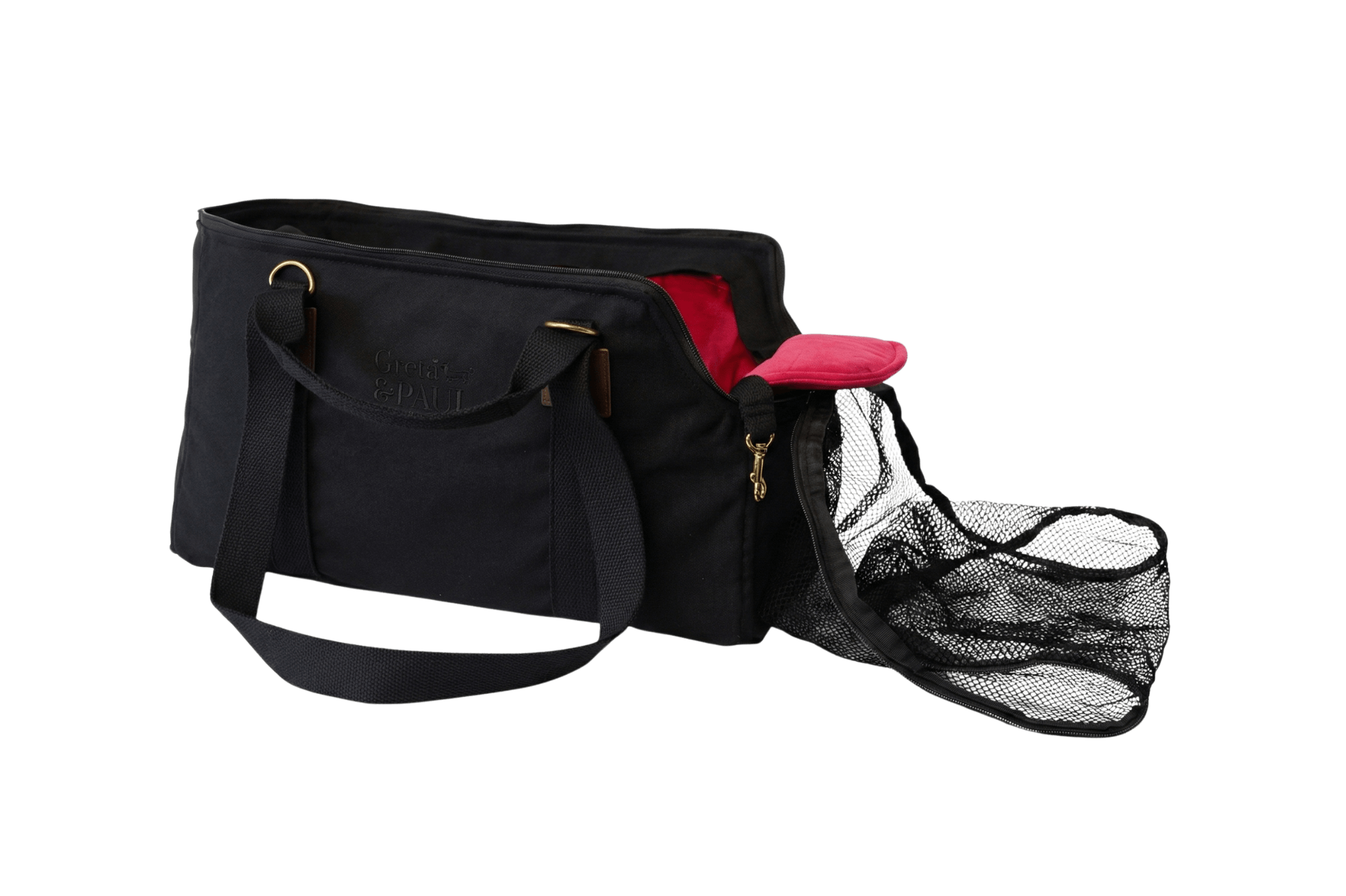 Gretas Premium Reise-Hundetasche „All Black“ mit pinkem Samt-Inlay