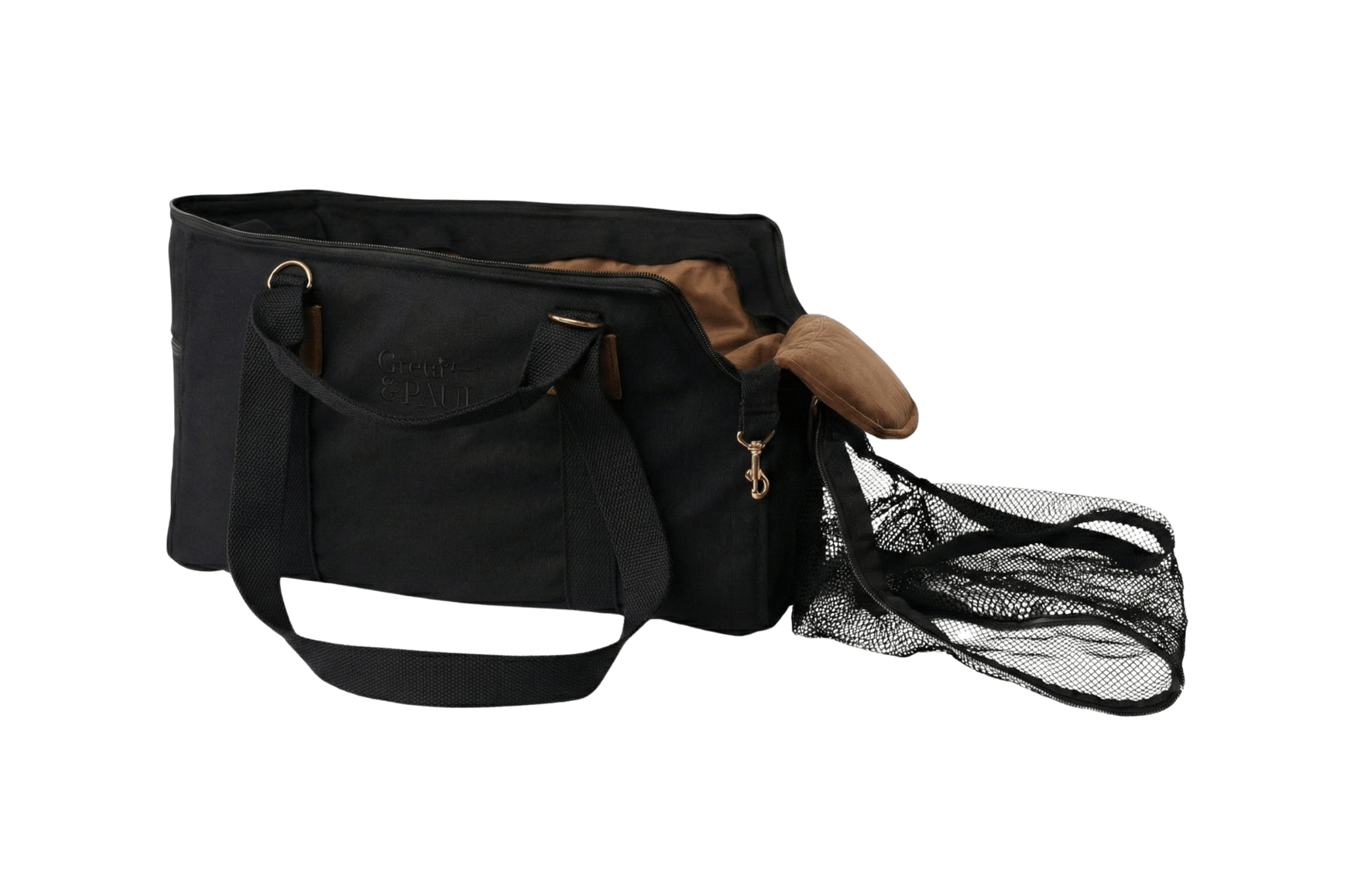 Gretas Premium Reise-Hundetasche „All Black“ mit taupefarbenem Samt-Inlay