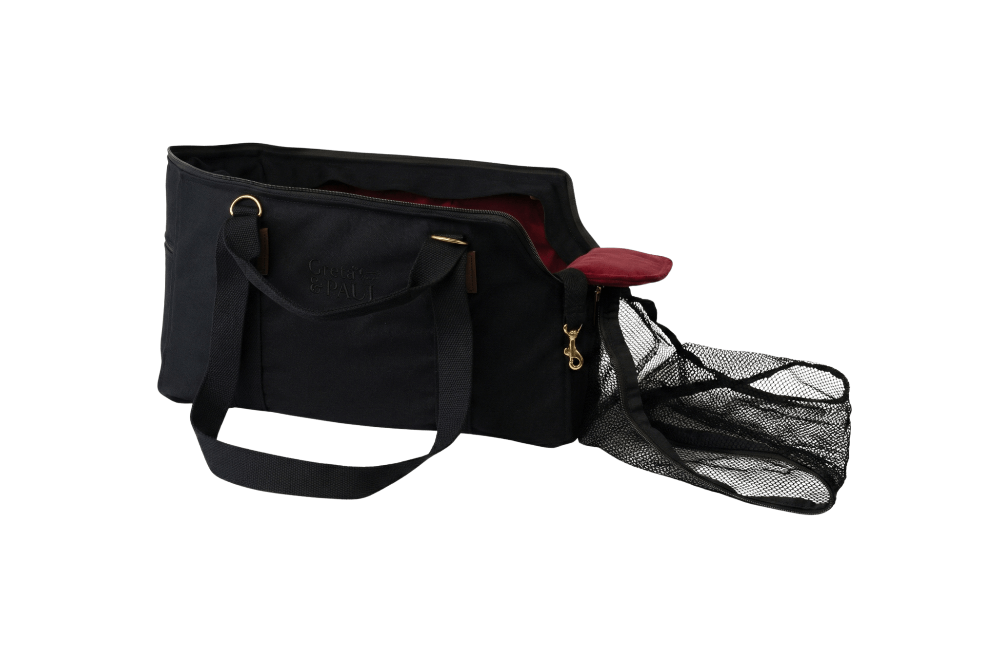 Gretas Premium Reise-Hundetasche „All Black“ mit Very-Berry Samt-Inlay