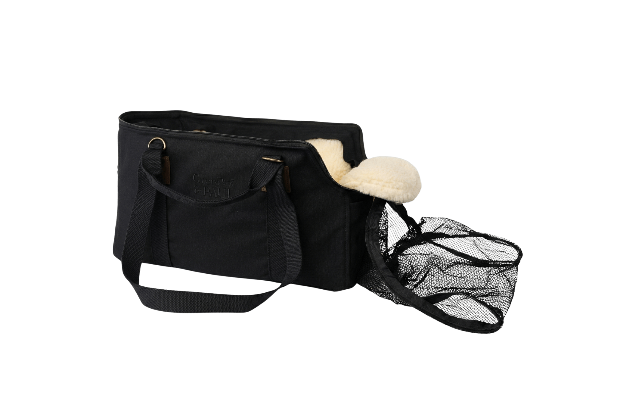 Gretas Premium Reise-Hundetasche „All Black“ mit Teddyfell Inlay