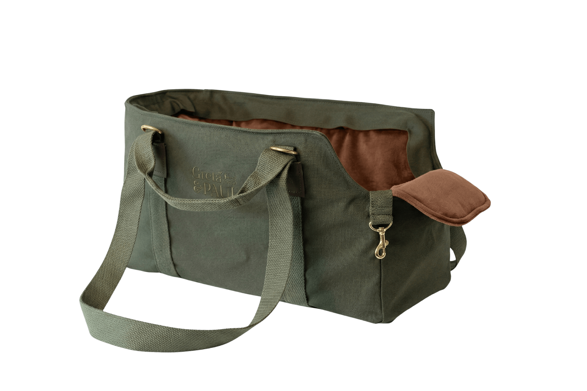 Greta & PAUL Premium Hundetasche in Khaki mit taupefarbenem Samt-Inlay – stilvolle und komfortable Tragetasche für Hunde bis 9 kg