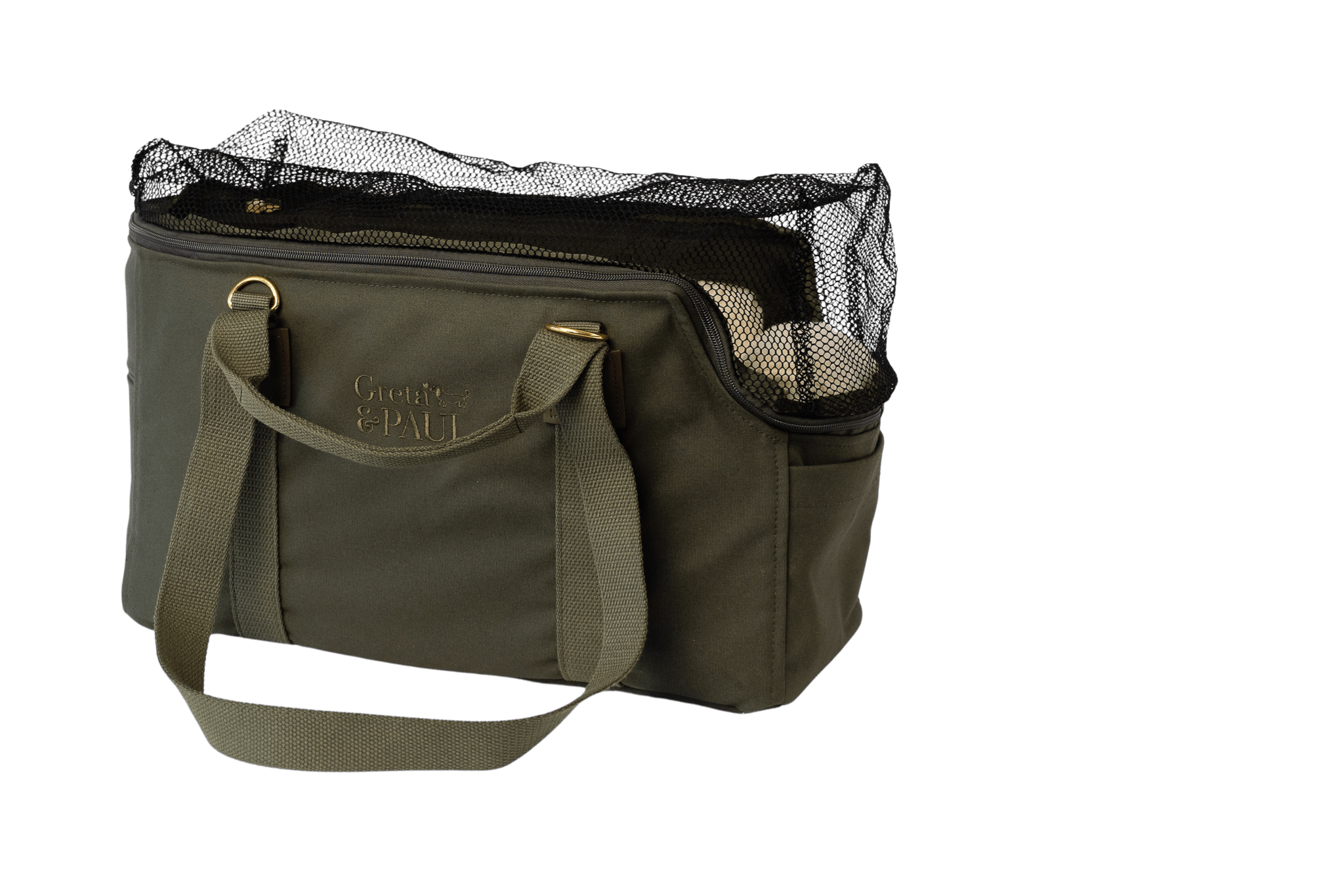 Greta's Premium Reise- und Transporttasche in Khaki mit geschlossenem Netz-Oberteil für sicheren Transport.
