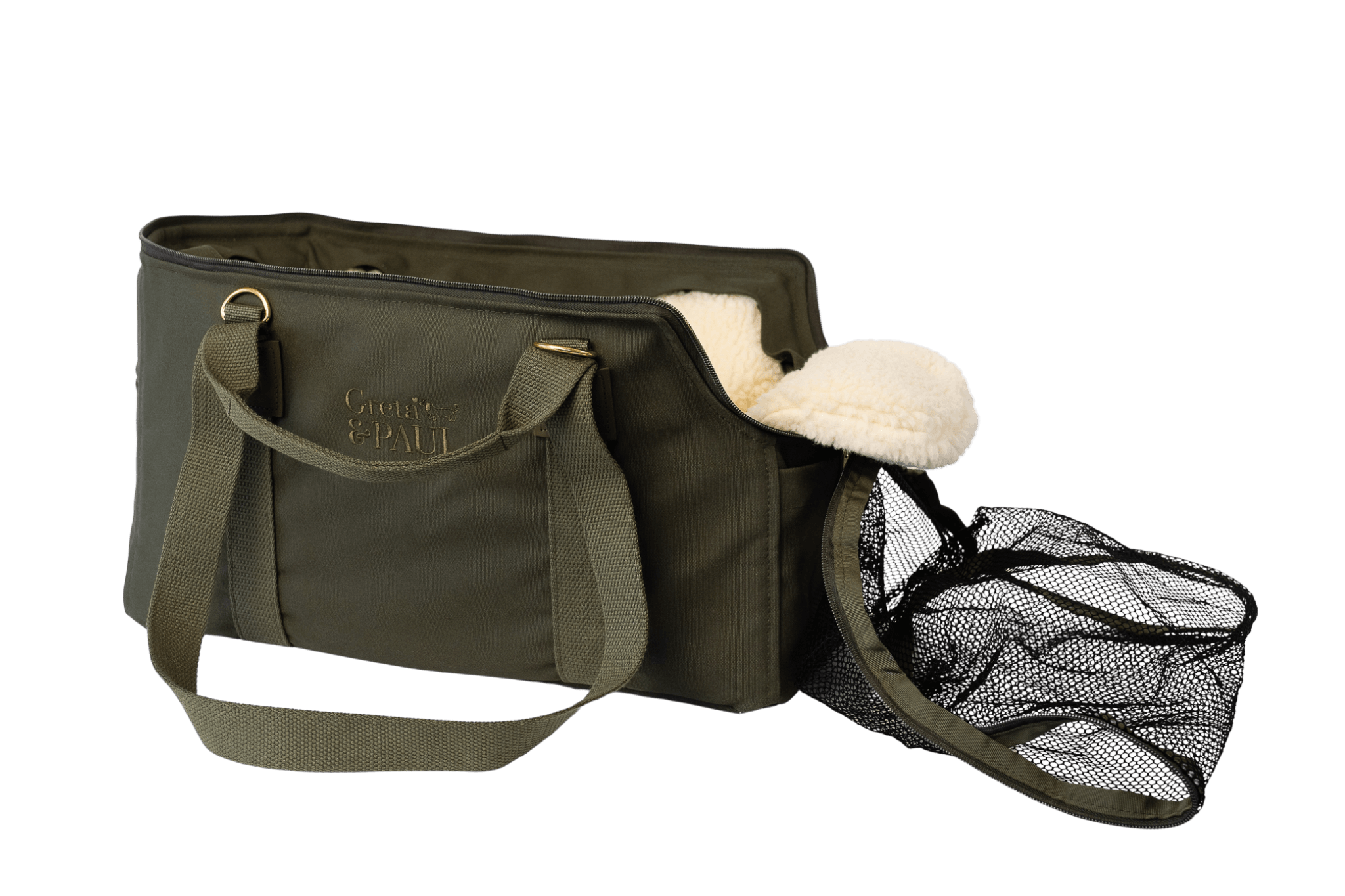 Greta's Premium Reise- und Transporttasche in Khaki mit geöffnetem Netz-Oberteil, das den Blick auf das kuschelige Innenfutter freigibt.

