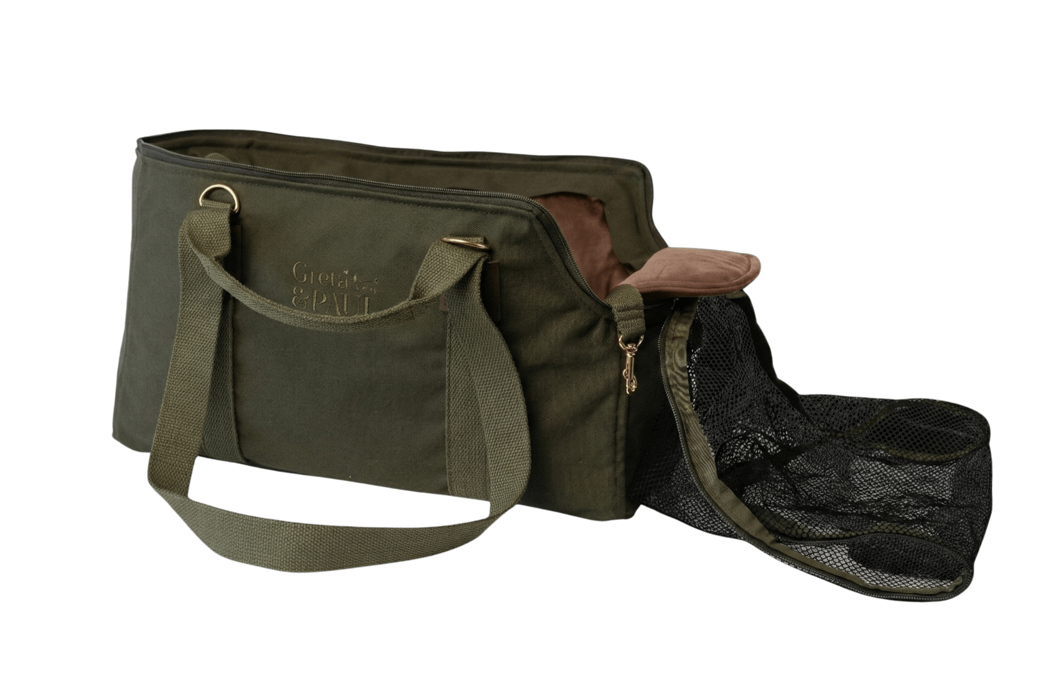 Hundetasche in Khaki mit taupefarbenem Samt-Inlay, Ansicht mit offenem Netz – stilvoller Transport für deinen Hund.