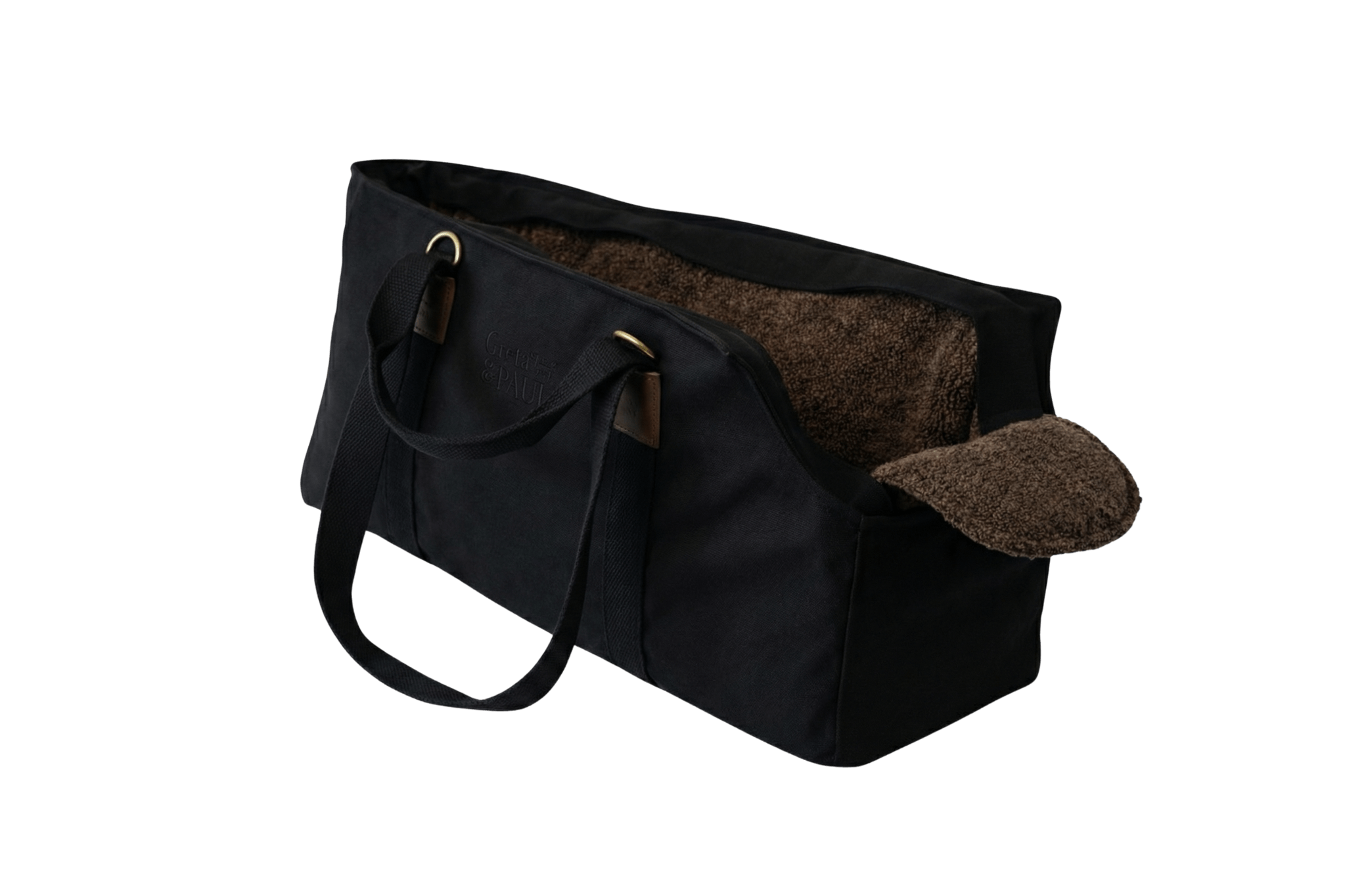Gretas XL Premium Hundetasche „All Black“ mit braunem Boucle-Inlay