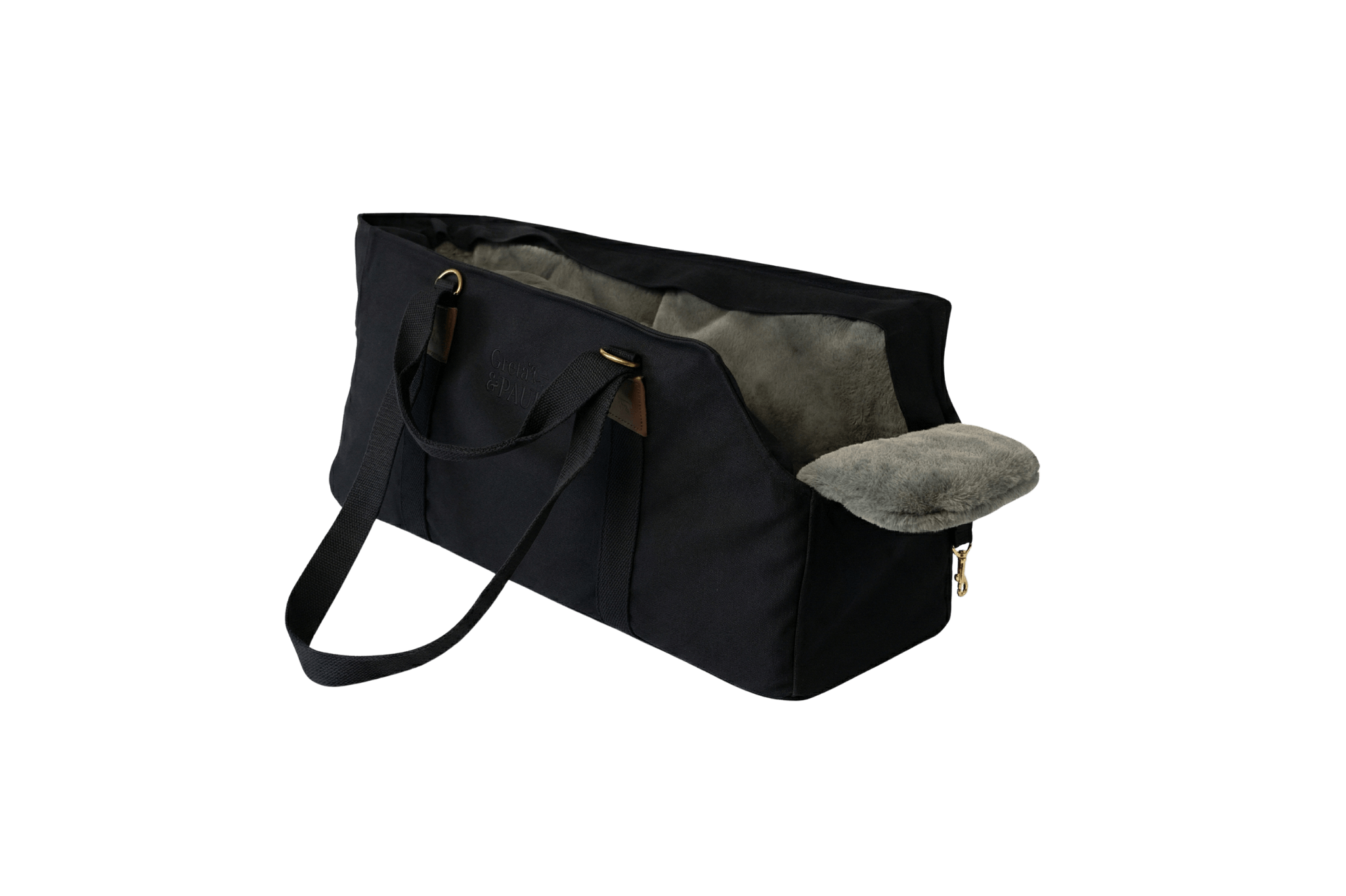 Gretas XL Premium Hundetasche „All Black“ mit Grau-Grün-Silber Flausch-Inlay
