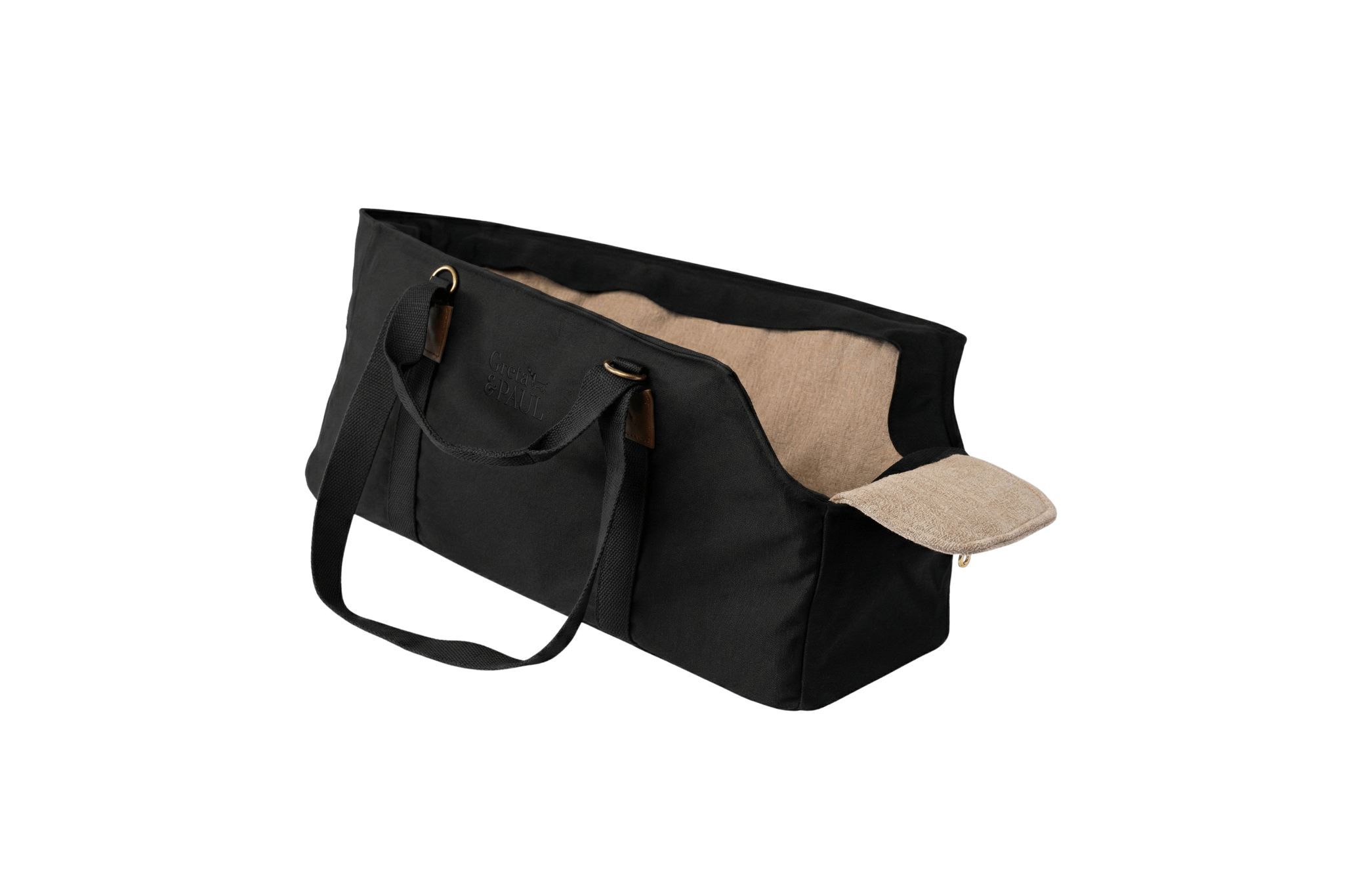 Gretas XL Premium Hundetasche „All Black“ mit hellbeigefarbenem Leinen-Inlay