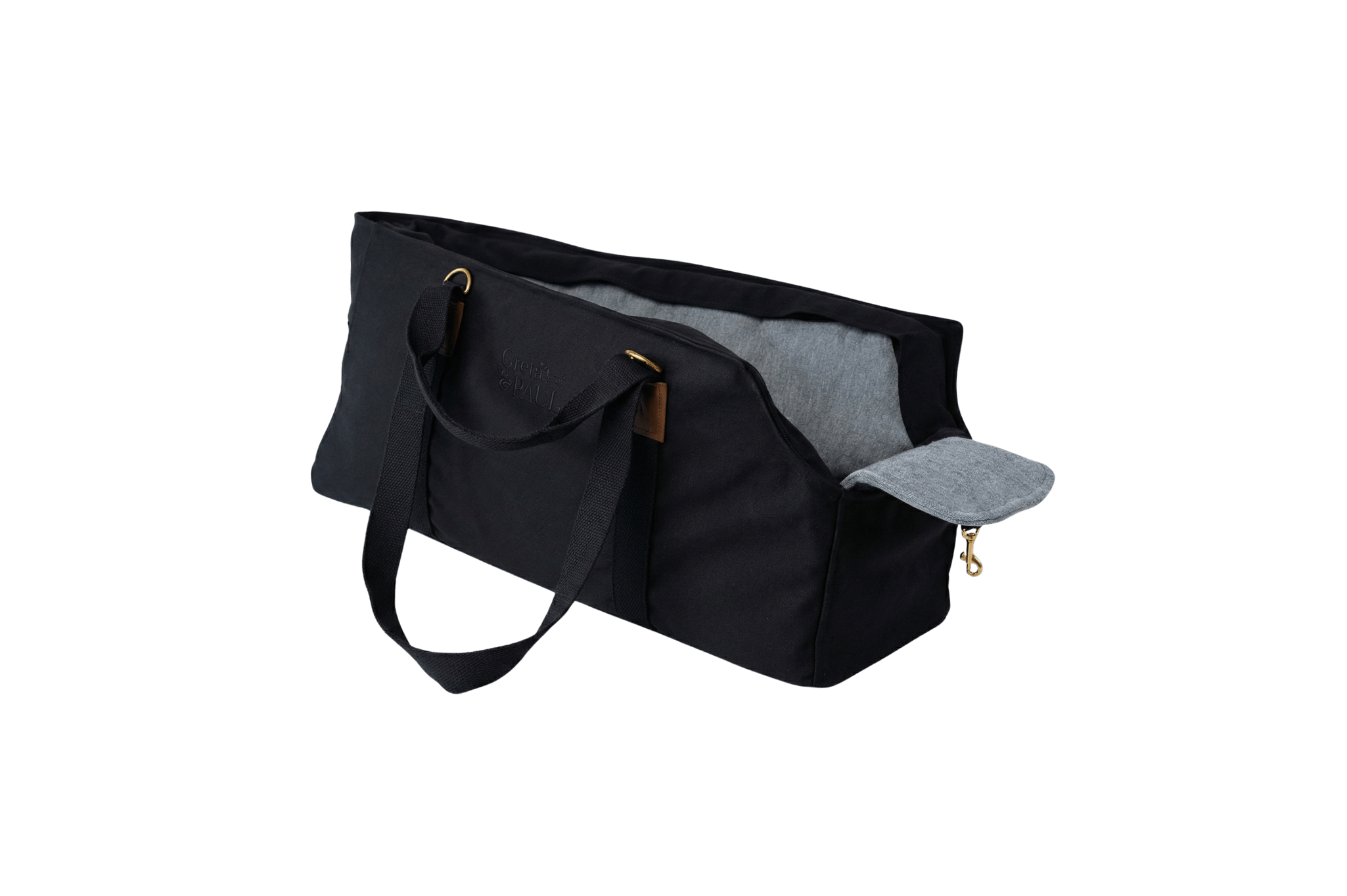 Gretas XL Premium Hundetasche „All Black“ mit hellblauem Leinen-Inlay