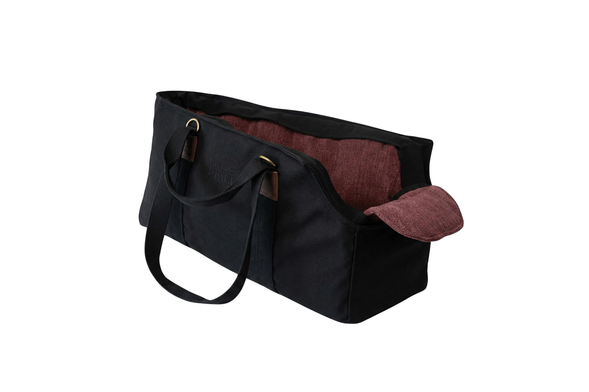 Gretas XL Premium Hundetasche „All Black“ mit lilafarbenem Leinen-Inlay