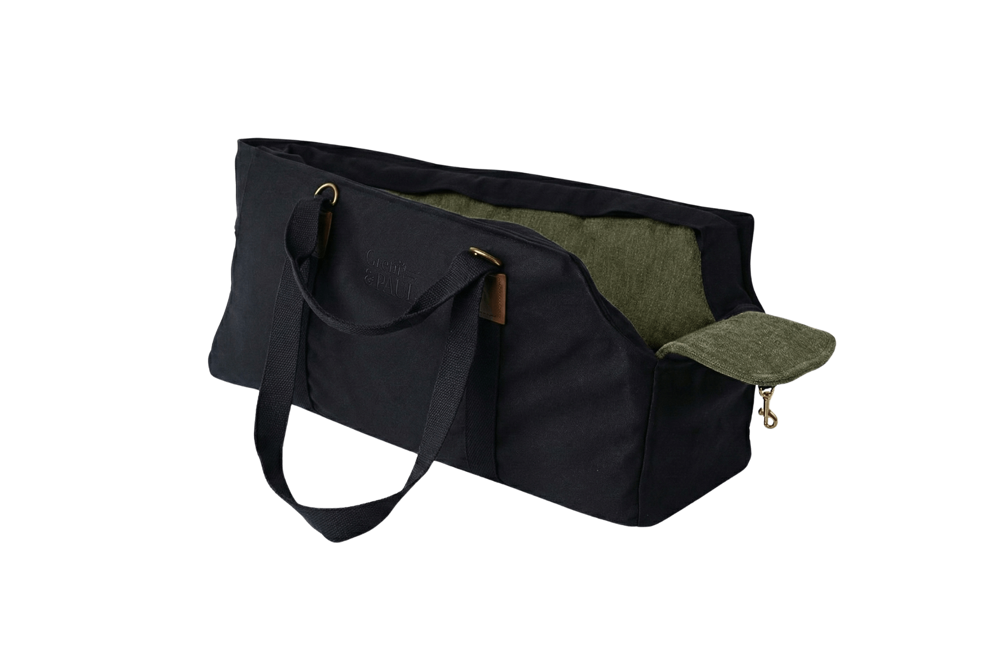 Gretas XL Premium Hundetasche „All Black“ mit olivgrünem Leinen-Inlay