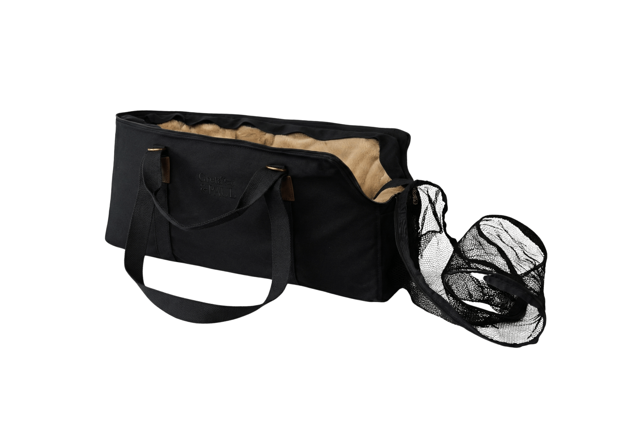 Gretas XL Premium Reise-Hundetasche „All Black“ mit  Beige-Gold Flausch-Inlay