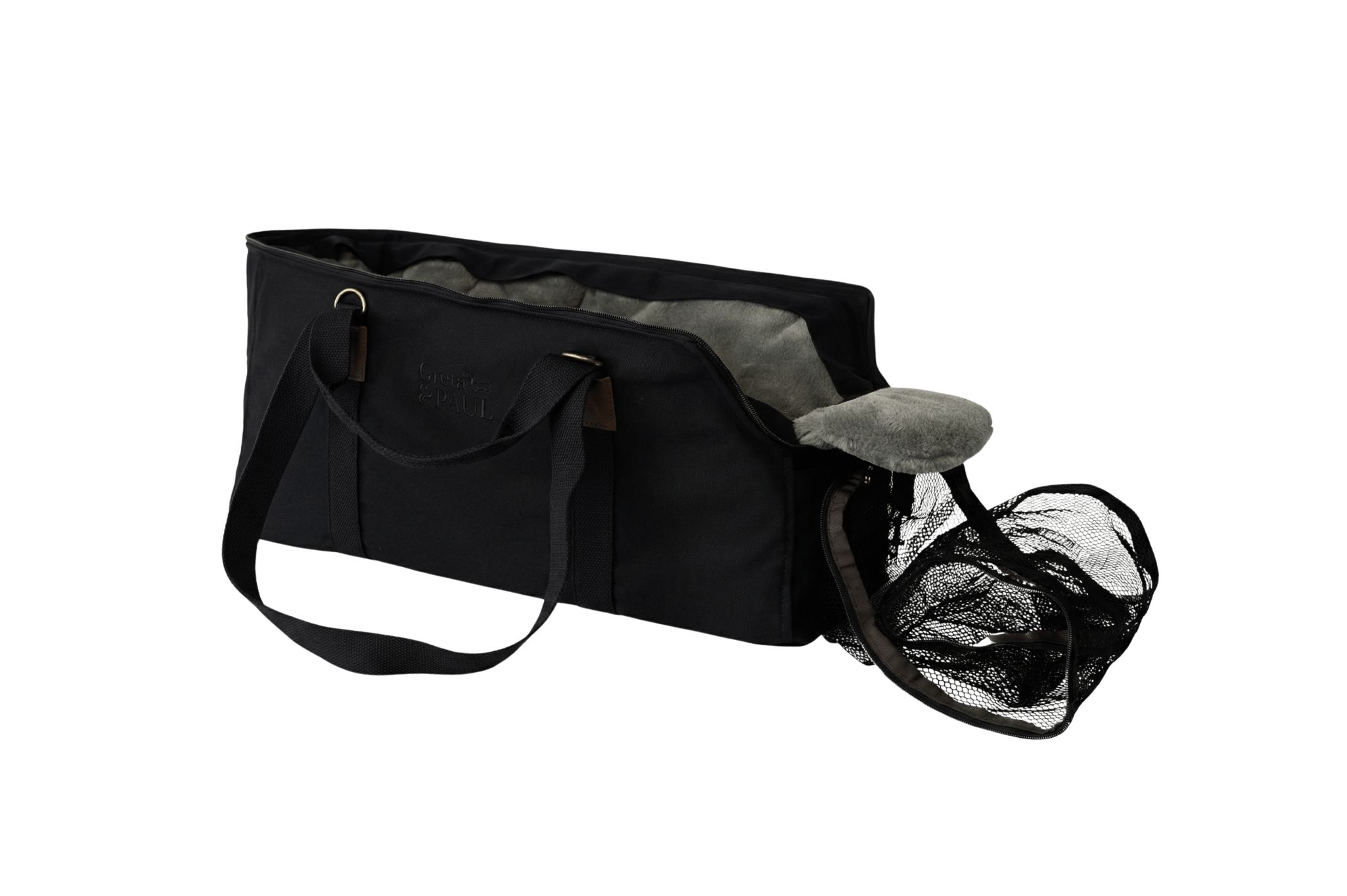 Gretas XL Premium Reise-Hundetasche „All Black“ mit Grau-Grün-Silber Flausch-Inlay