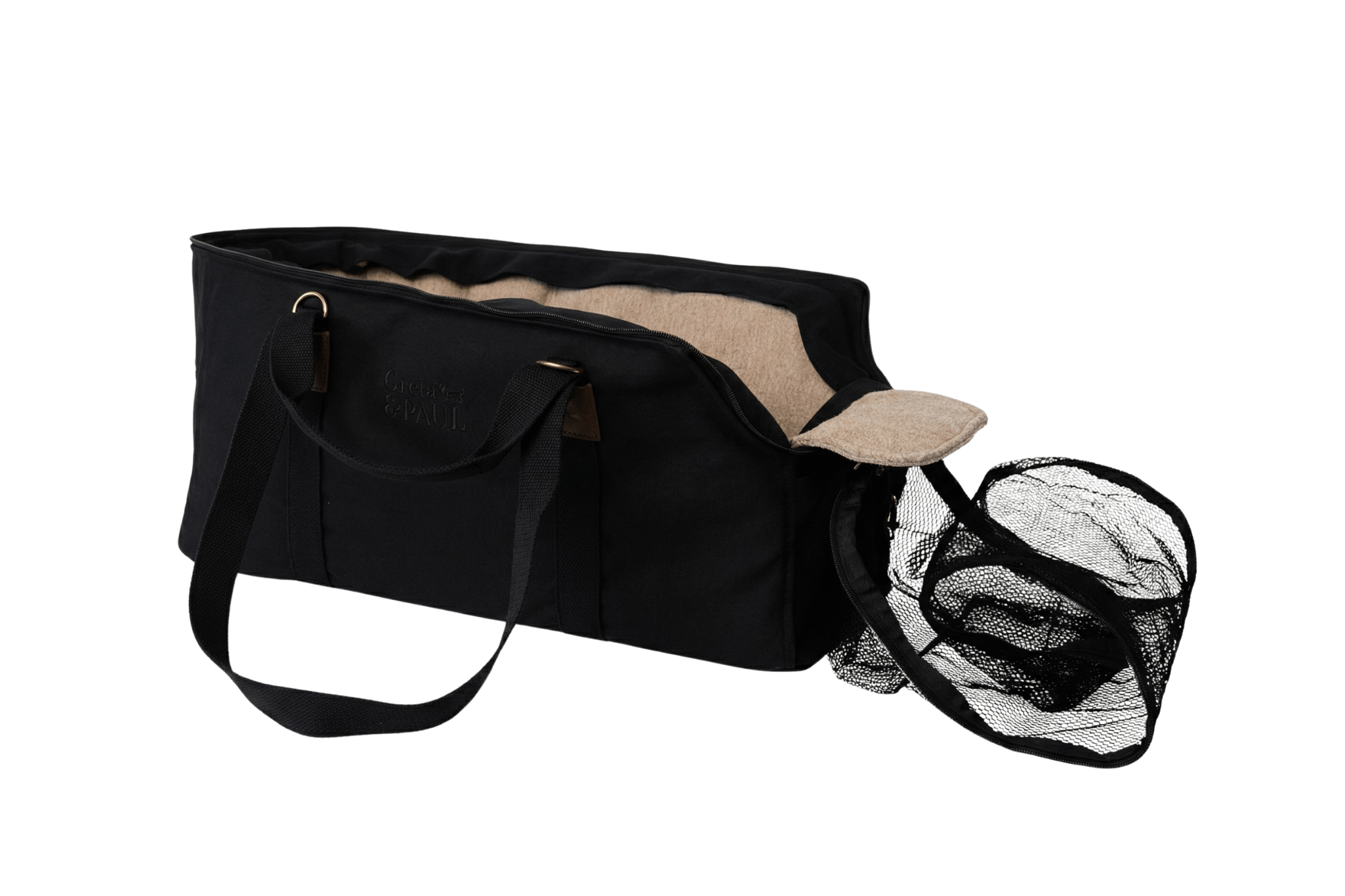 Gretas XL Premium Reise-Hundetasche „All Black“ mit hellbeigefarbenem Leinen-Inlay