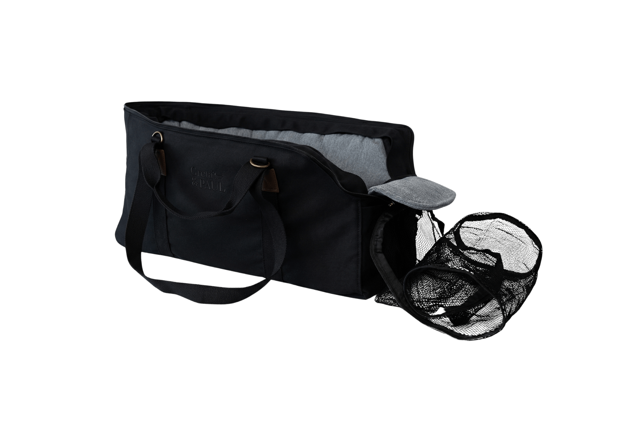 Gretas XL Premium Reise-Hundetasche „All Black“ mit hellblauem Leinen-Inlay