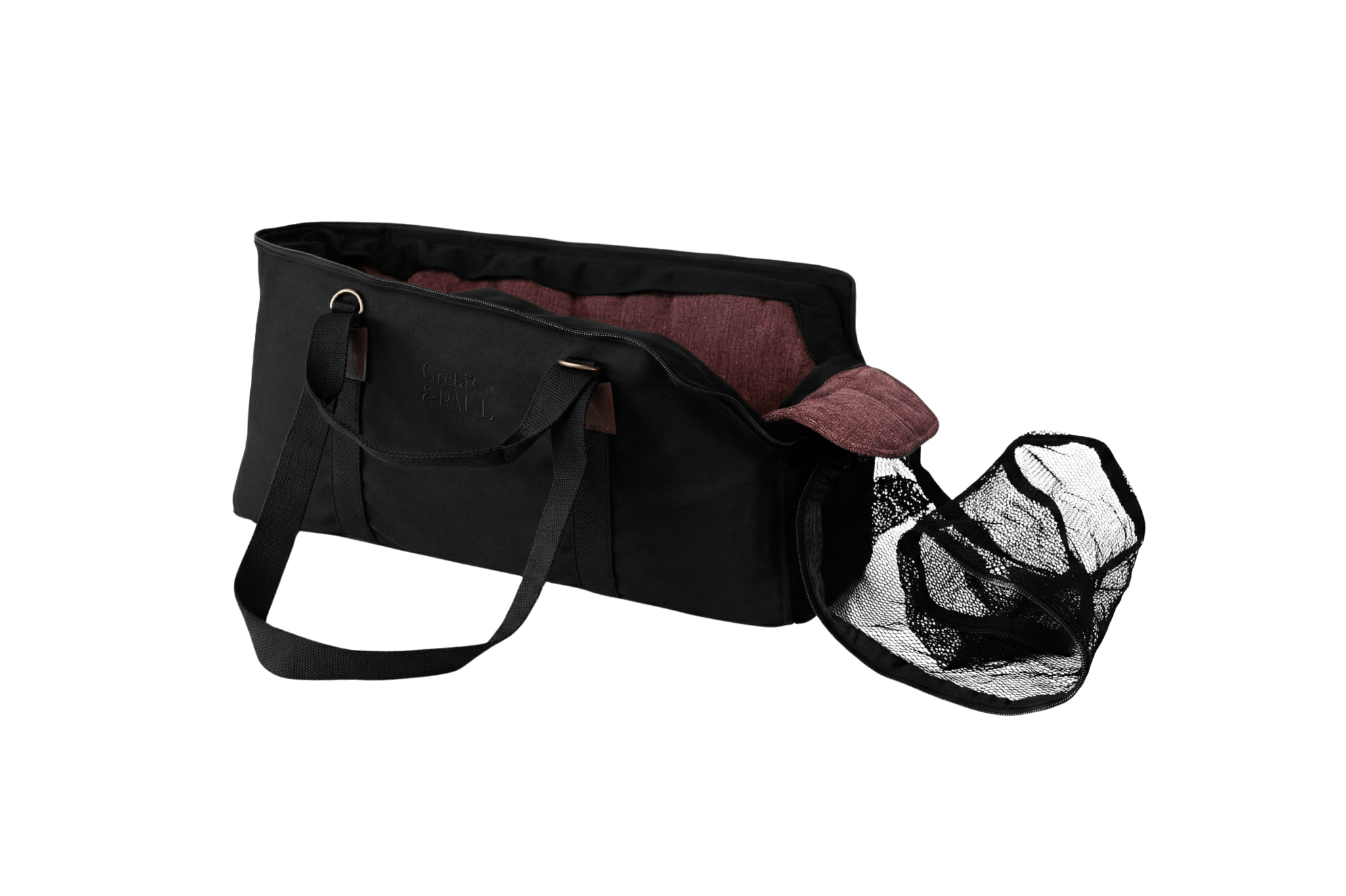 Gretas XL Premium Reise-Hundetasche „All Black“ mit  lilafarbenem Leinen-Inlay