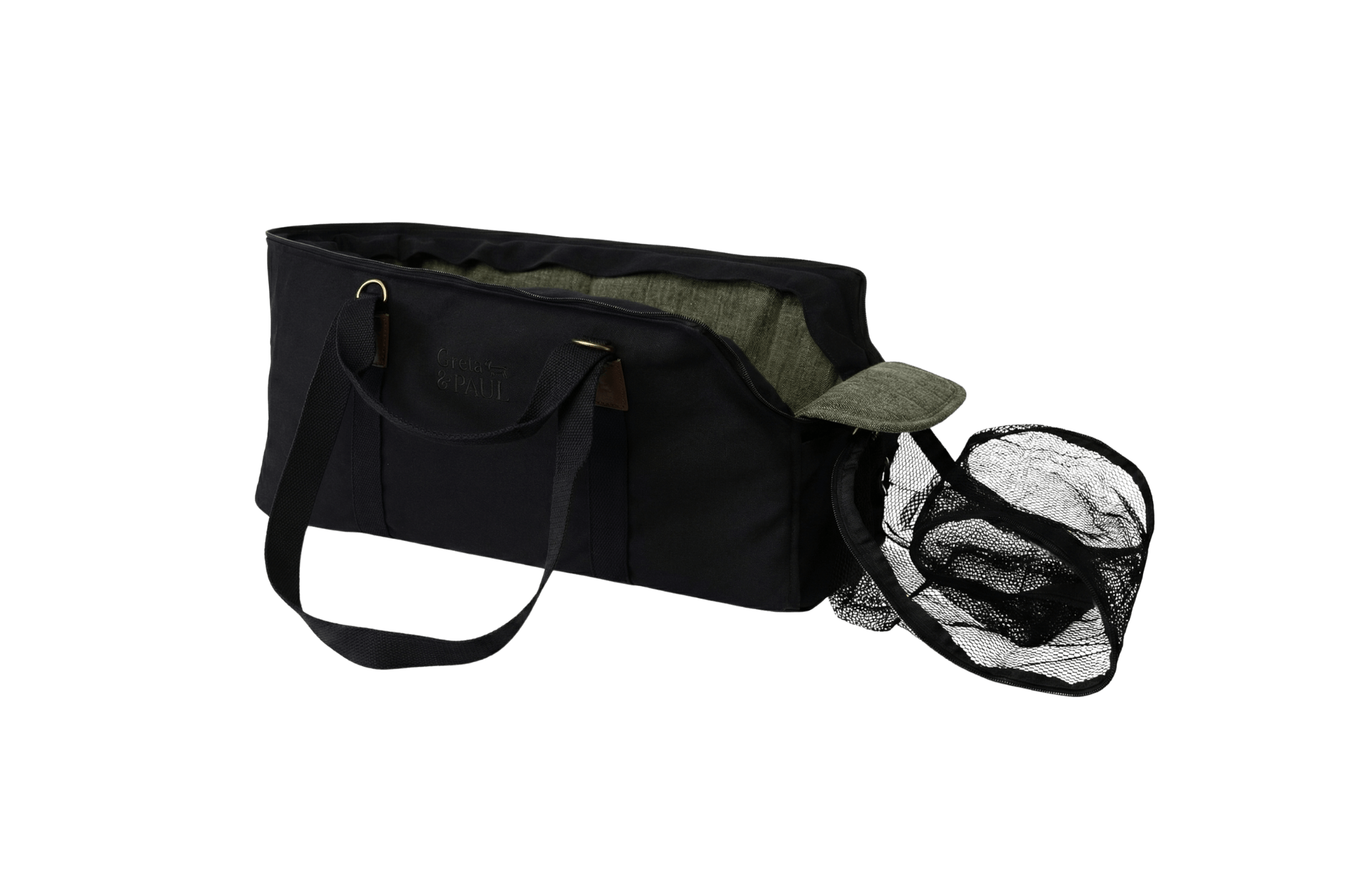 Gretas XL Premium Reise-Hundetasche „All Black“ mit olivgrünem Leinen-Inlay